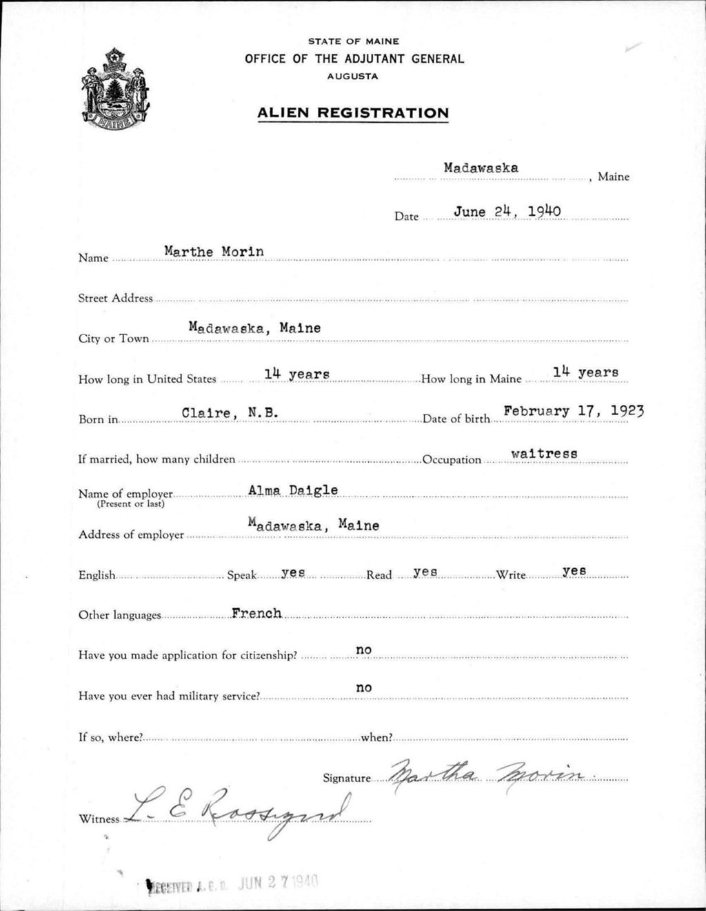 Miniature of Alien Registration- Morin, Marthe (Madawaska, Aroostook County)