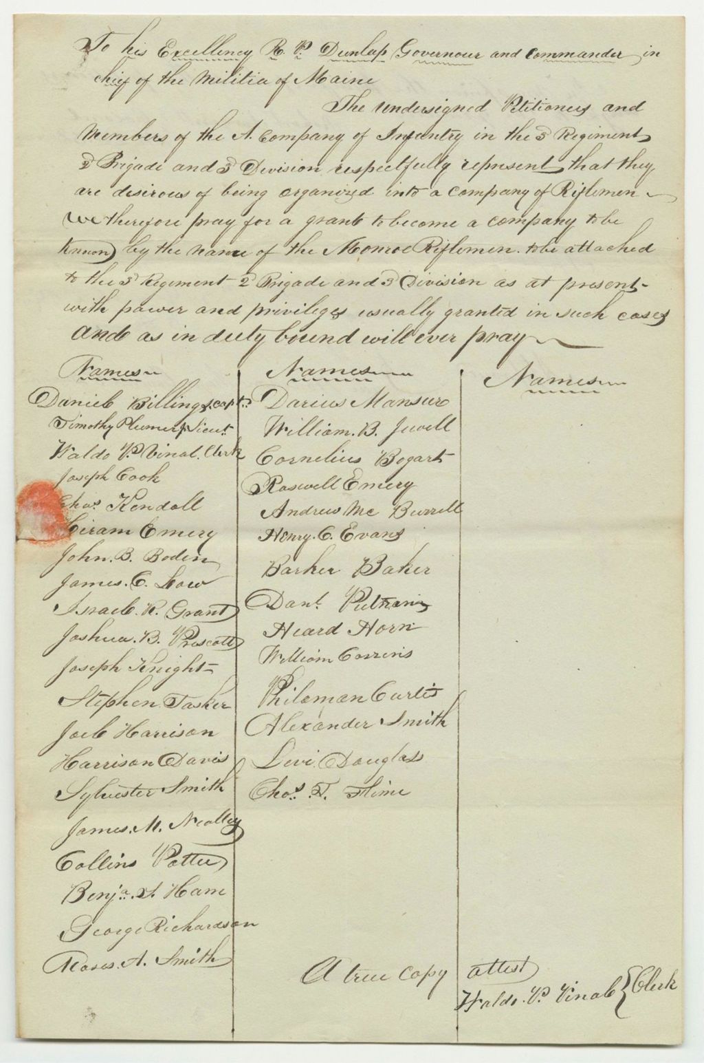 Miniature of Petition of Captain Daniel Billings for a Company of Riflemen in Monroe