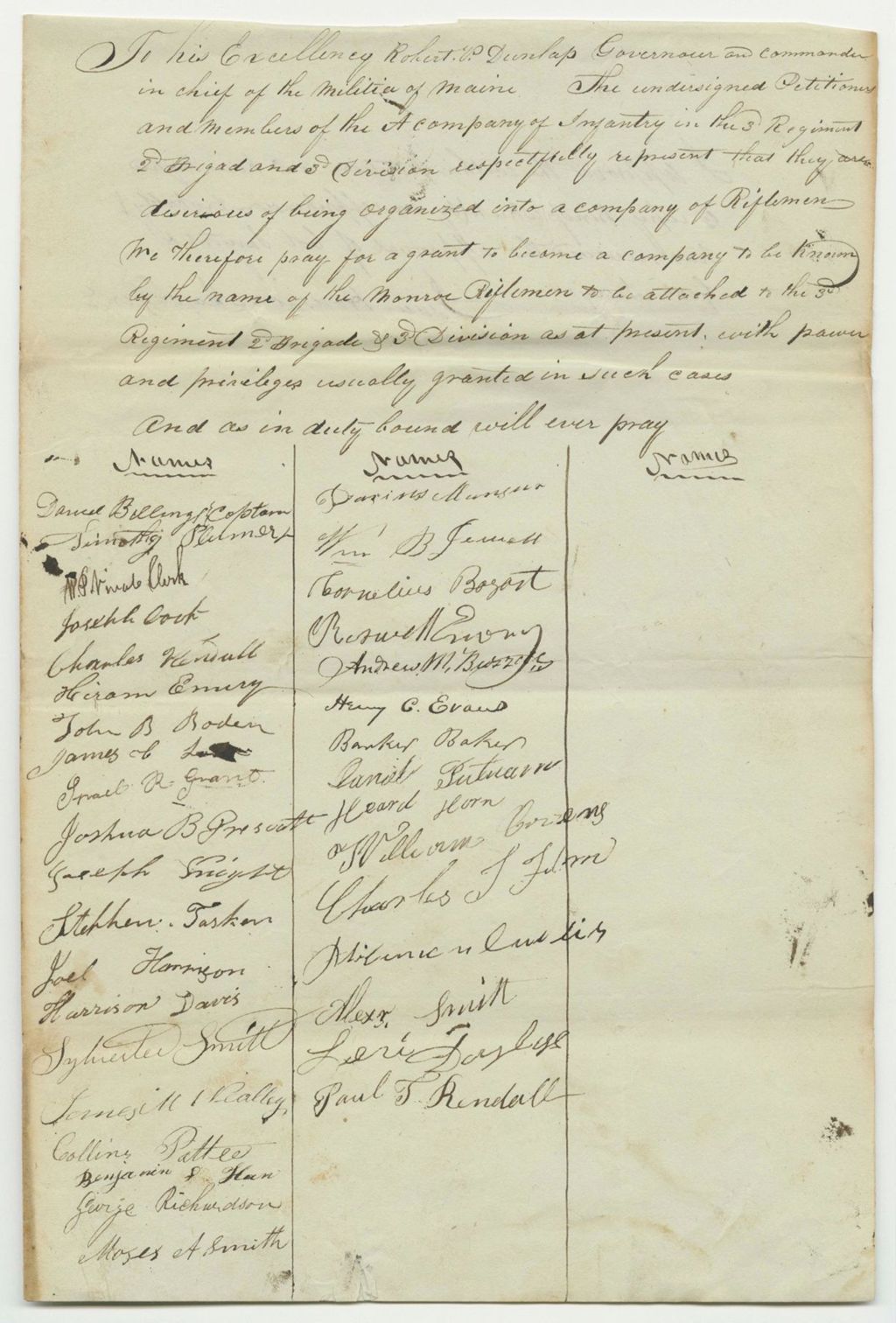 Miniature of Petition to Disband the A Company of Infantry in Monroe and Organizing a Company of Riflemen