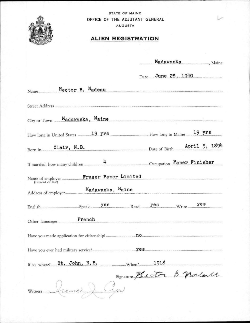 Miniature of Alien Registration- Nadeau, Hector B. (Madawaska, Aroostook County)