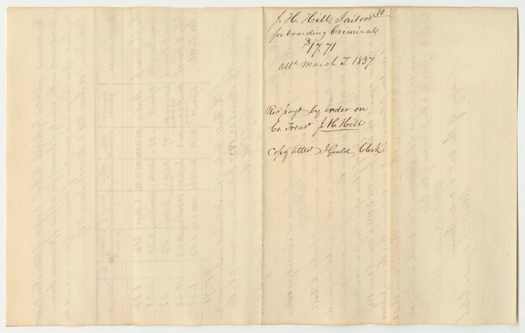 Miniature of Account of Joseph H. Hill, Keeper of the State's Jail in Norridgewock in the County of Somerset, for Support of Prisoners Therein Confined Upon Charges and Conviction of Crimes or Offences Against The State from the October 1836 Term to March 1837 Term