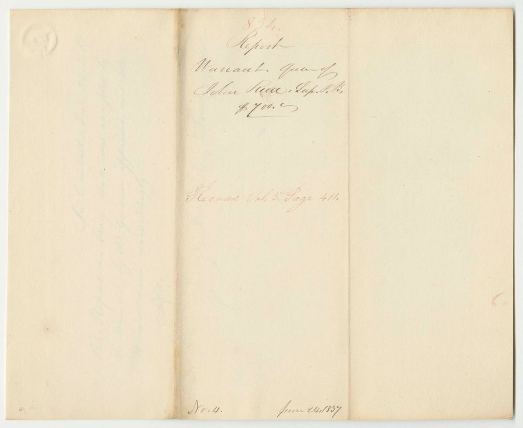 Miniature of Report 834: Warrant in Favor of John Reed, Superintendent of Public Buildings