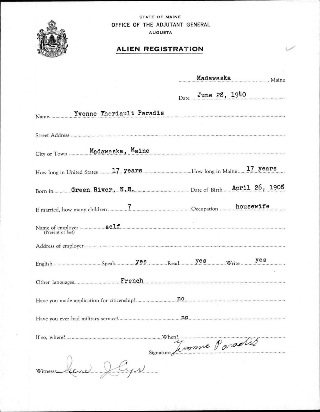 Miniature of Alien Registration- Theriault, Yvonne (Madawaska, Aroostook County)