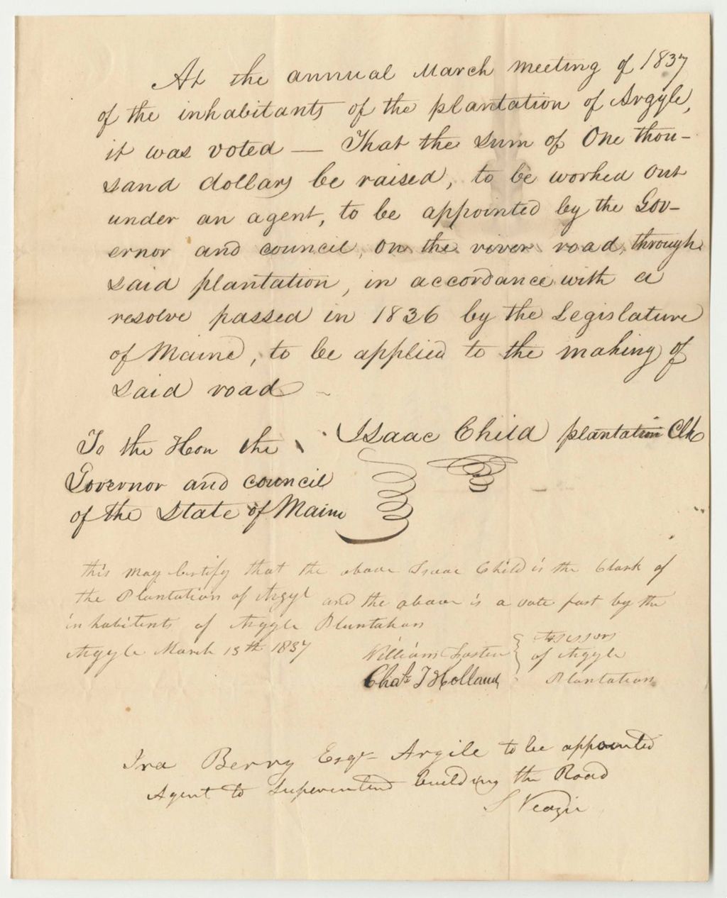 Miniature of Certificate of the Inhabitants of the Argyle Plantation's Vote to Build a Road