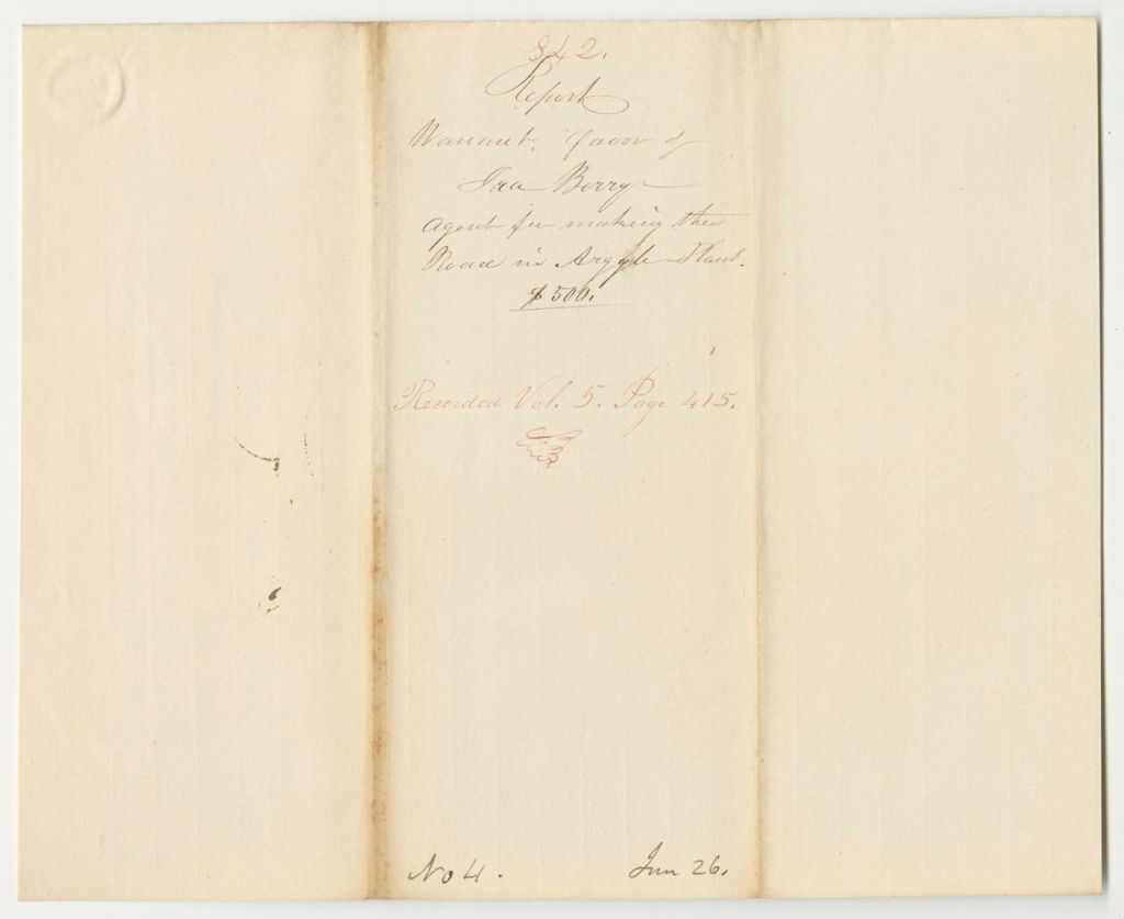 Miniature of Report 842: Warrant in Favor of Ira Berry, Agent for Making a Road in Argyle Plantation