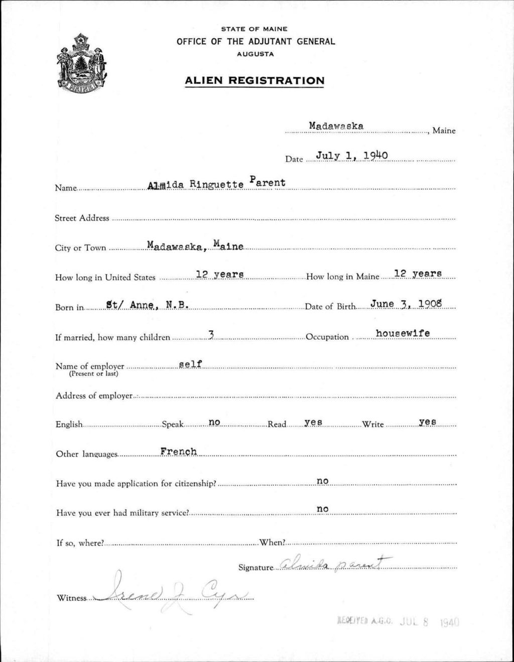 Miniature of Alien Registration- Ringuette, Almida (Madawaska, Aroostook County)