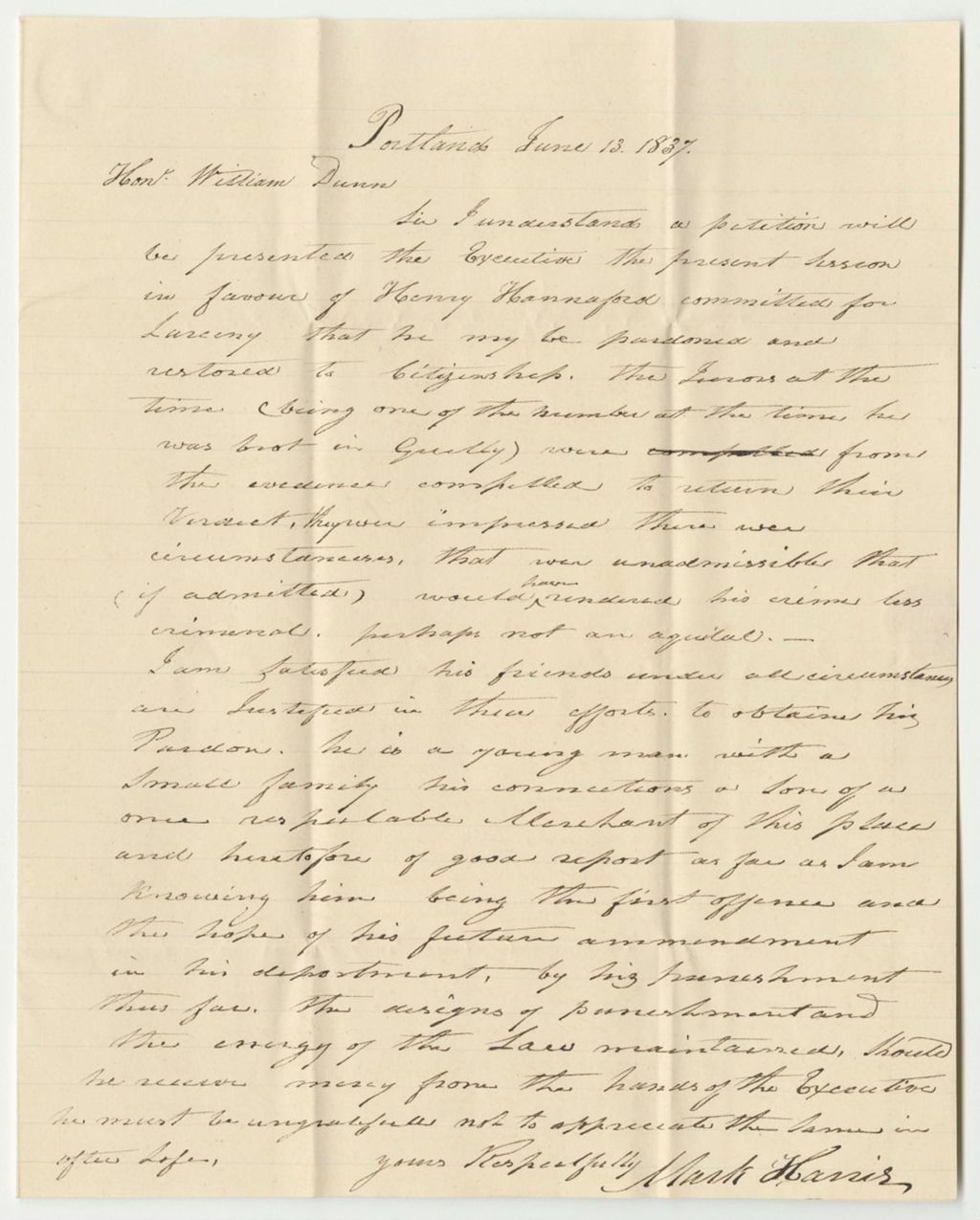 Miniature of Communication from Mark Harris, in Relation to the Petition for the Pardon of Henry Hannaford