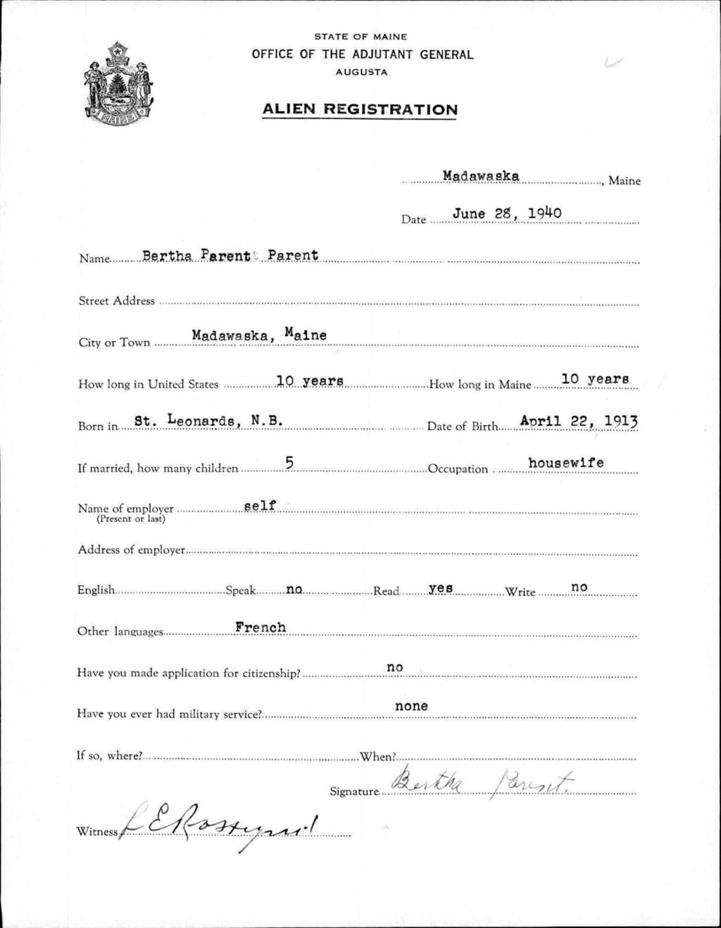 Miniature of Alien Registration- Parent, Bertha P. (Madawaska, Aroostook County)