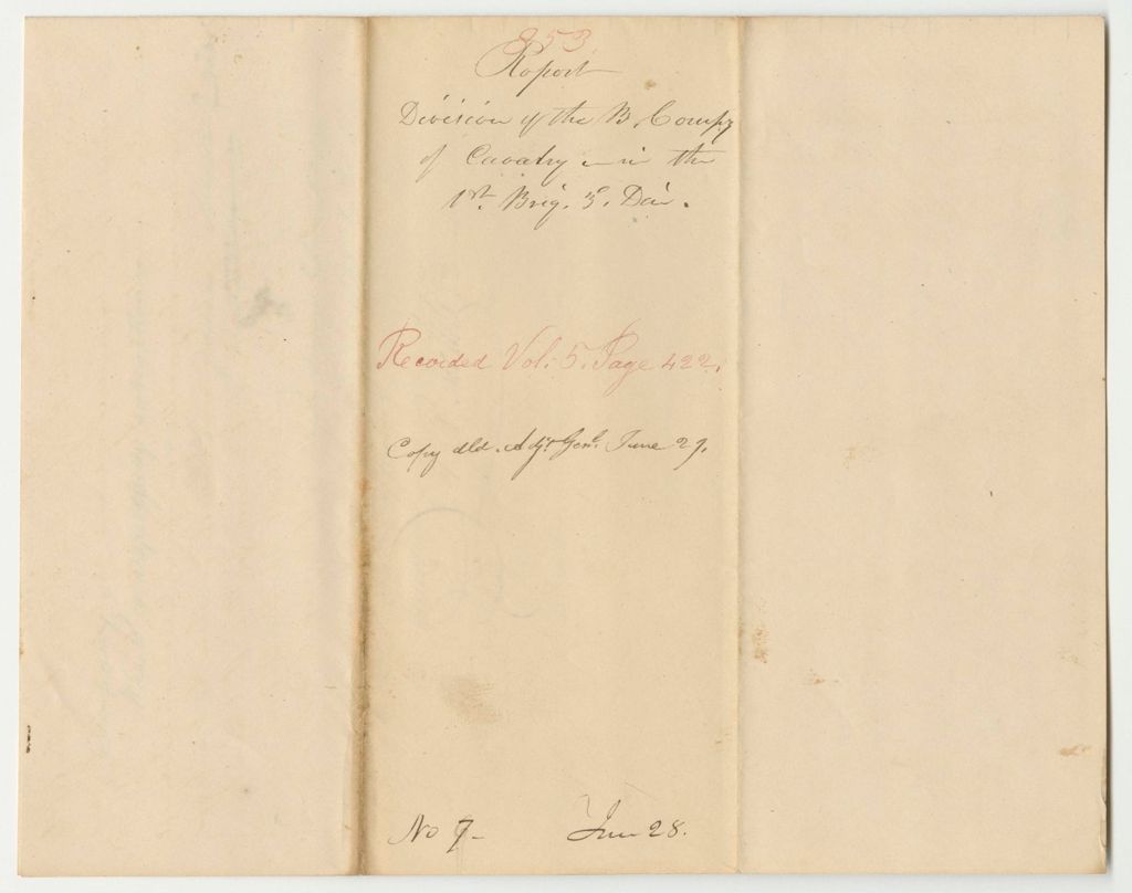 Miniature of Report 853: Report on the Division of the "B" Company of Cavalry in the 1st Brigade, 3rd Division