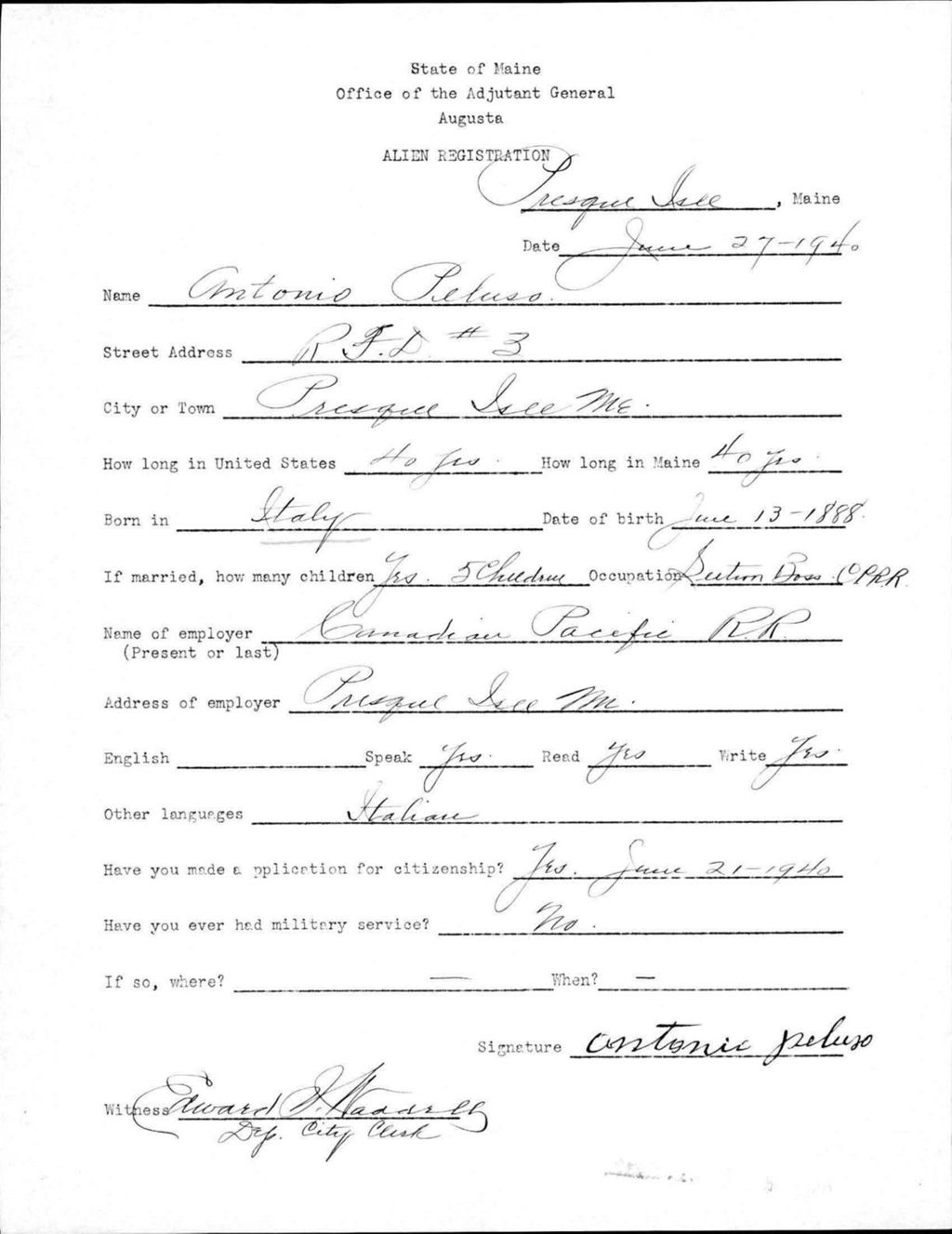 Miniature of Alien Registration- Perluso, Antonio (Presque Isle, Aroostook County)