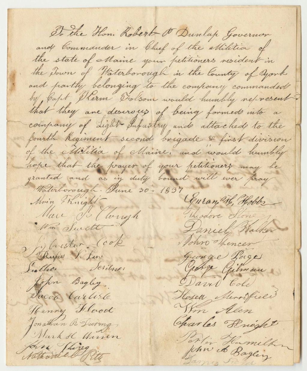Miniature of Petition for the Organization of a Company of Light Infantry in Waterboro