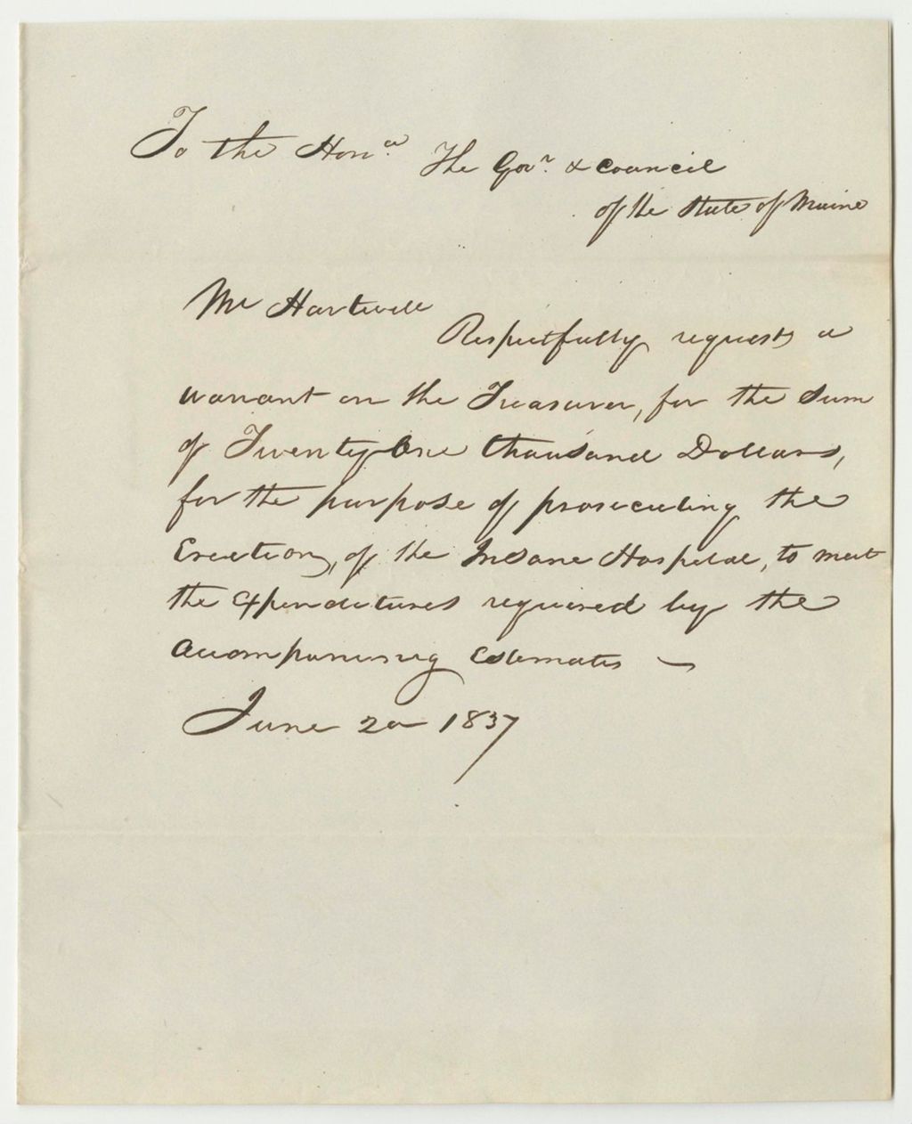 Miniature of Request for a Warrant in Favor of John H. Hartwell, Agent for the Insane Hospital