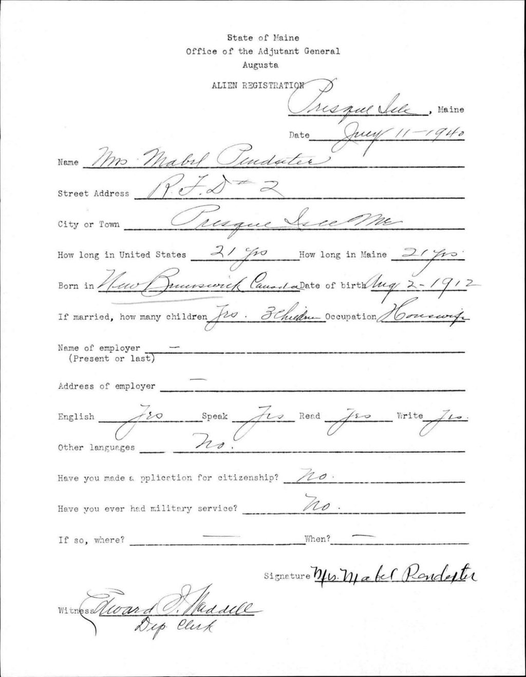 Miniature of Alien Registration- Pendexter, Mabel (Presque Isle, Aroostook County)