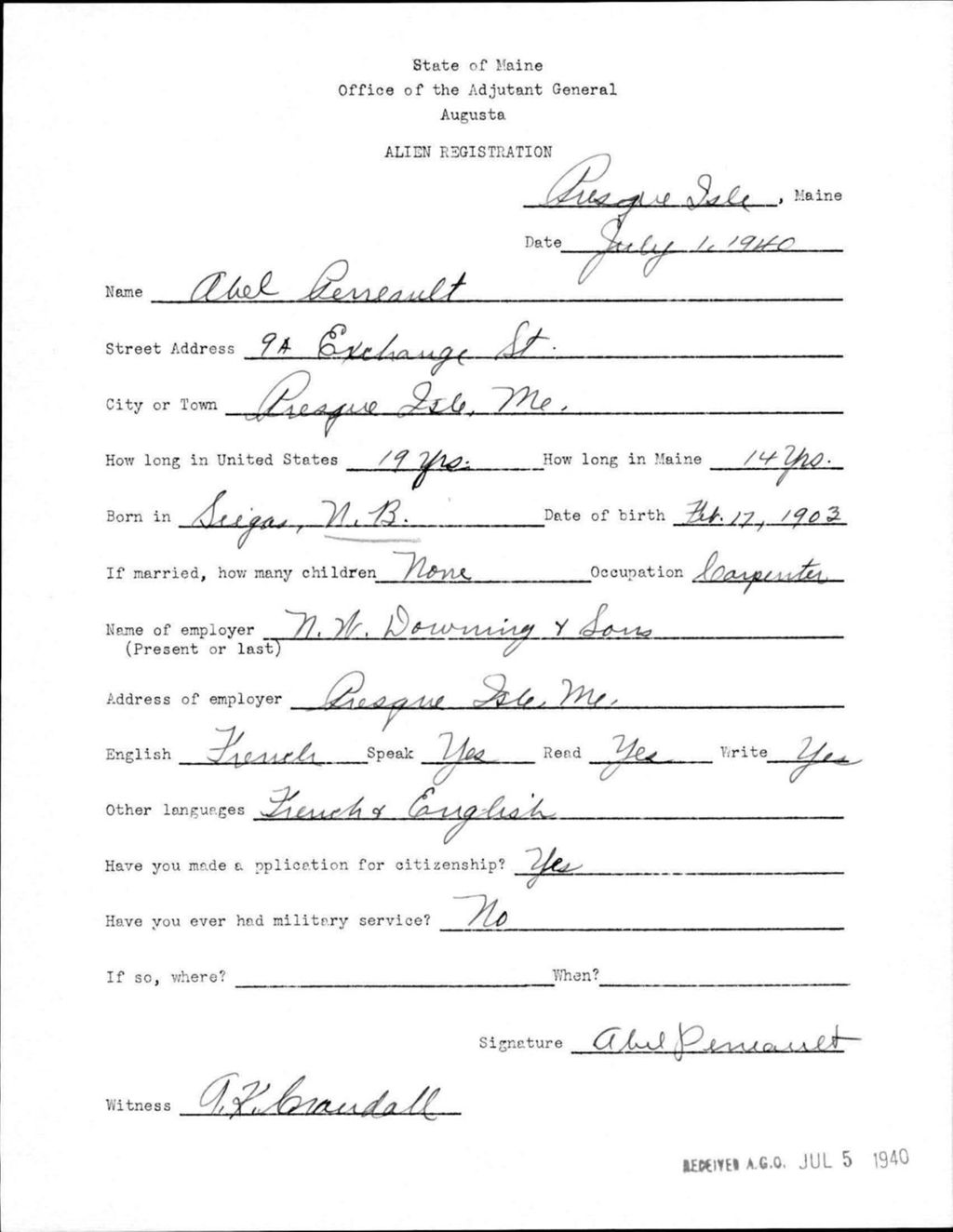 Miniature of Alien Registration- Perreault, Abel (Presque Isle, Aroostook County)