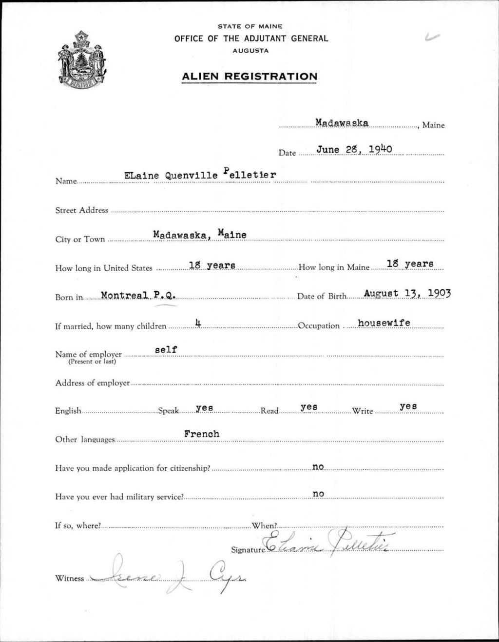 Miniature of Alien Registration- Quenville, Elaine (Madawaska, Aroostook County)