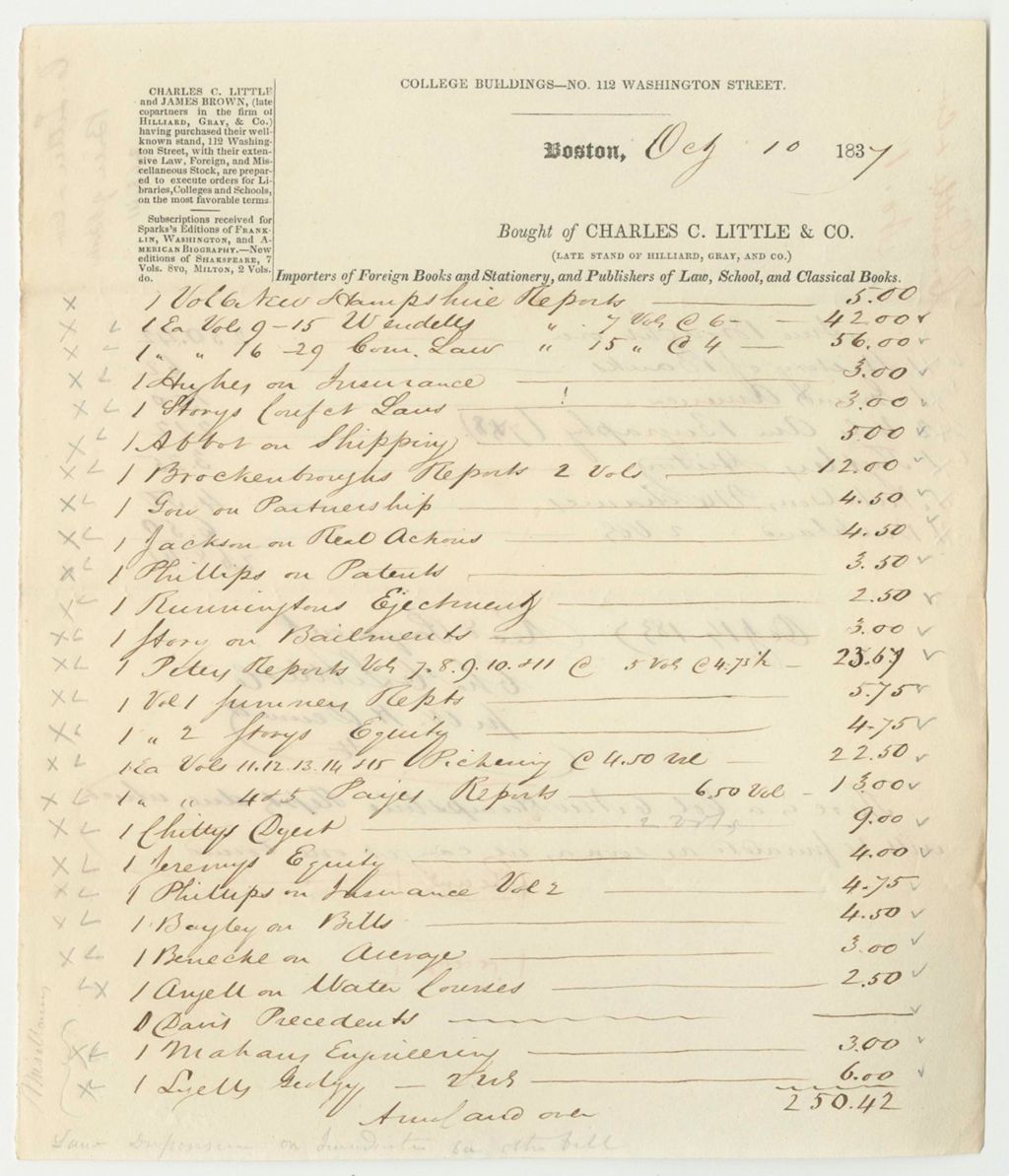 Miniature of Receipts from the Account of Asaph R. Nichols, Secretary of State, for the Purchase of a Library
