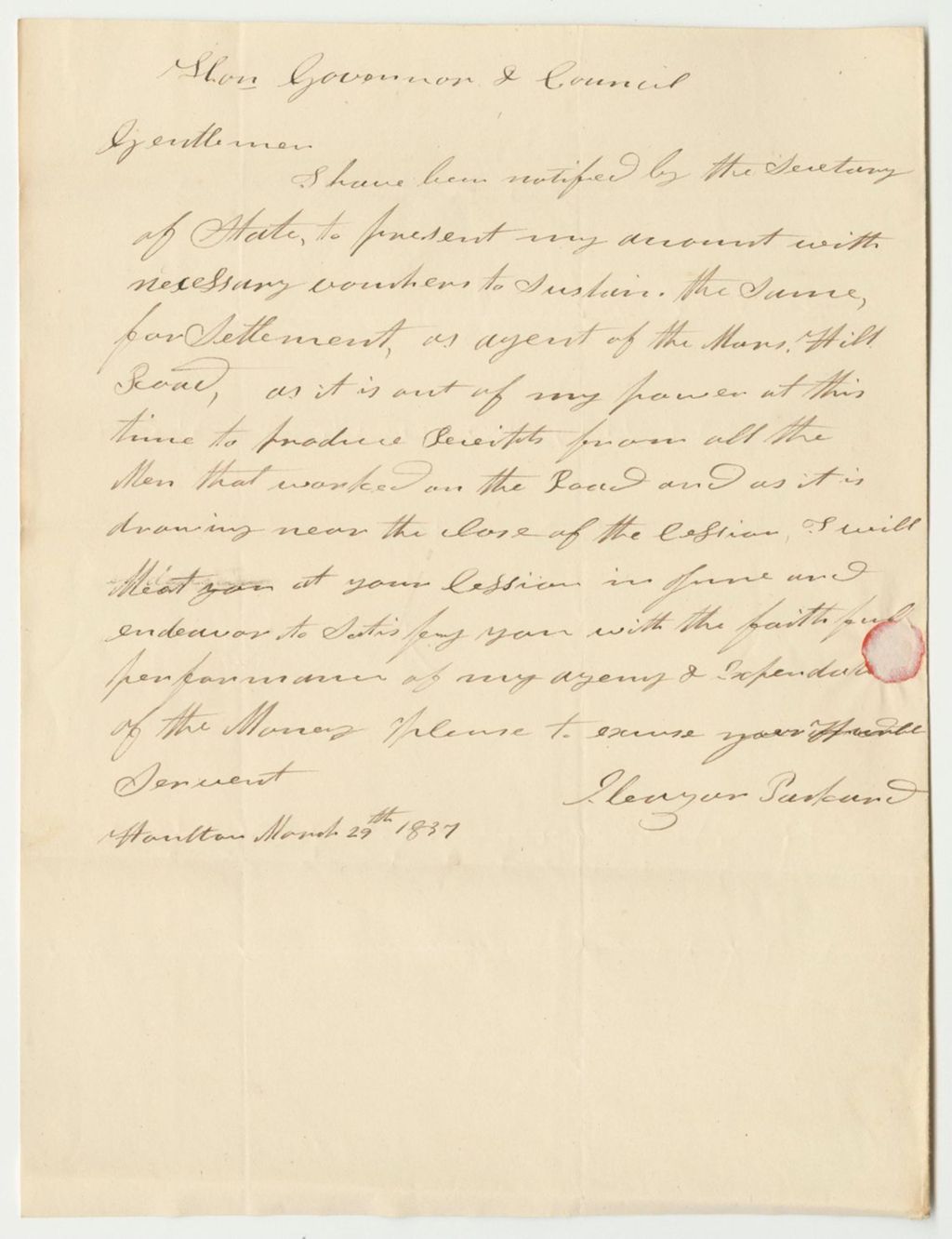 Miniature of Communication from Eleazor Packard, Relating to His Accounts as Agent of the Mars Hill Road