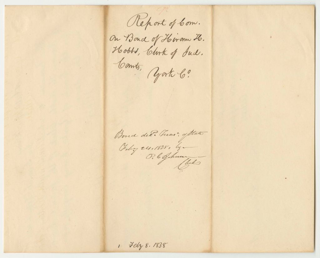 Miniature of Report 9: Report on the Bond of Hiram H. Hobbs, Clerk of the Judicial Courts in York County