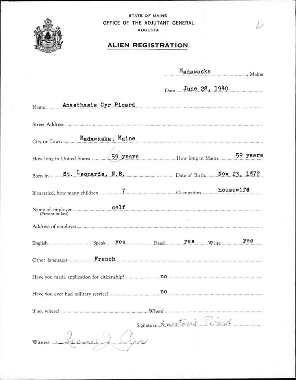 Miniature of Alien Registration- Cyr, Anasthasie (Madawaska, Aroostook County)