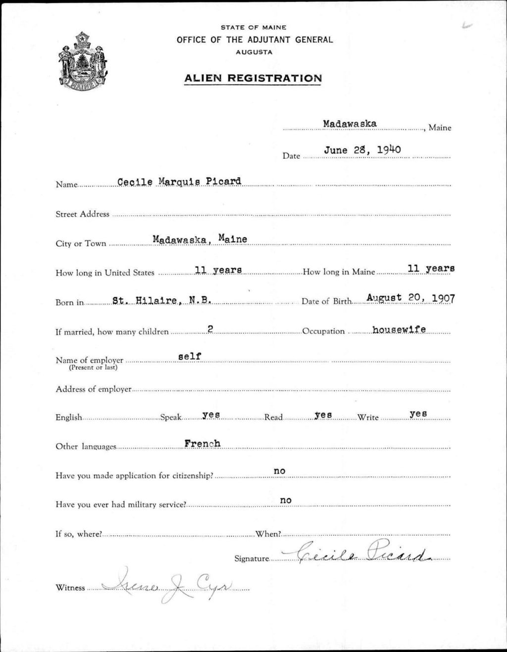 Miniature of Alien Registration- Marquis, Cecile (Madawaska, Aroostook County)