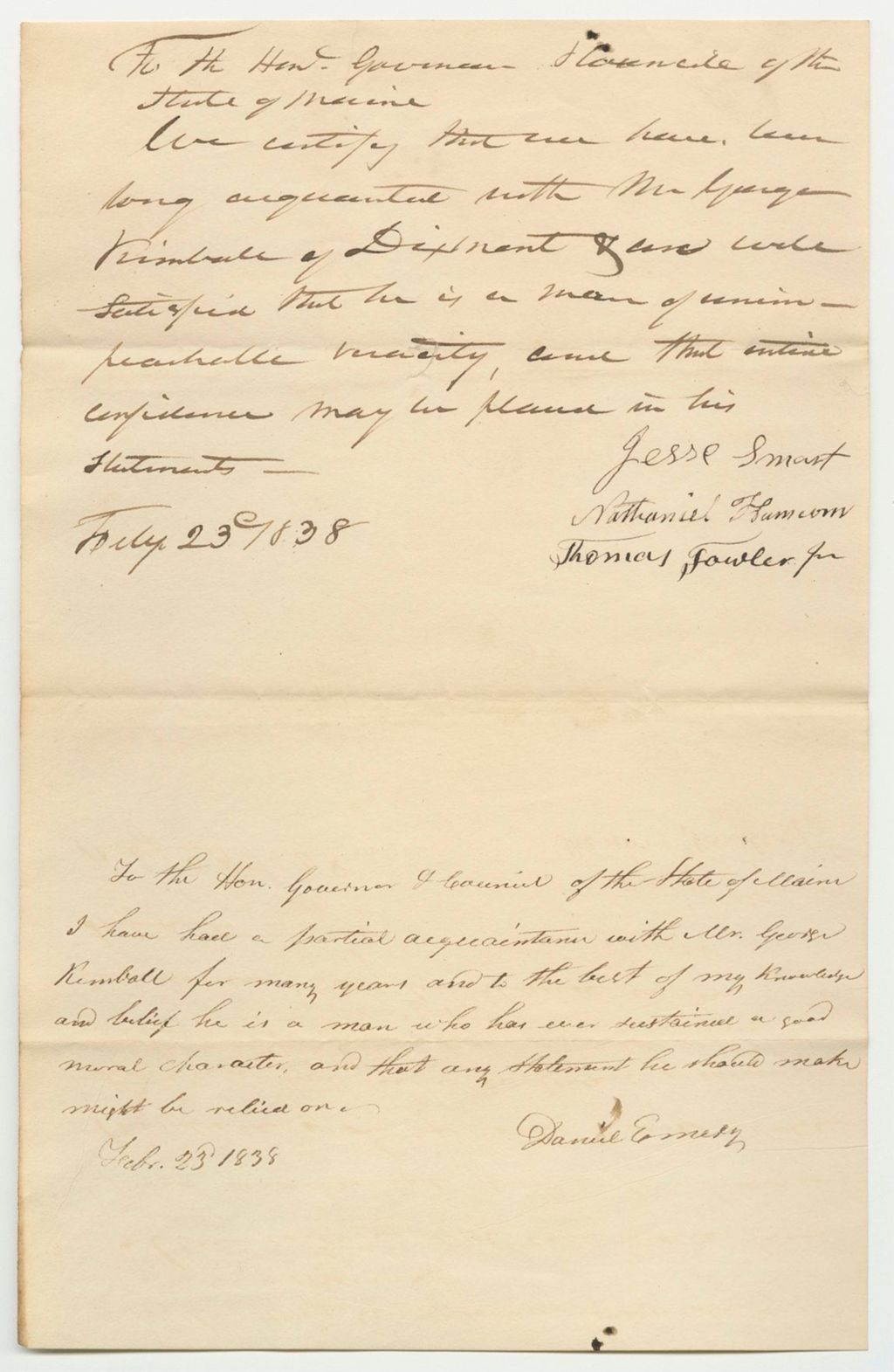 Miniature of Certificates from Jesse Smart, Nathaniel Hamrom, Thomas Fowler Jr., and Dnaiel Emery, on the Character of James Marr