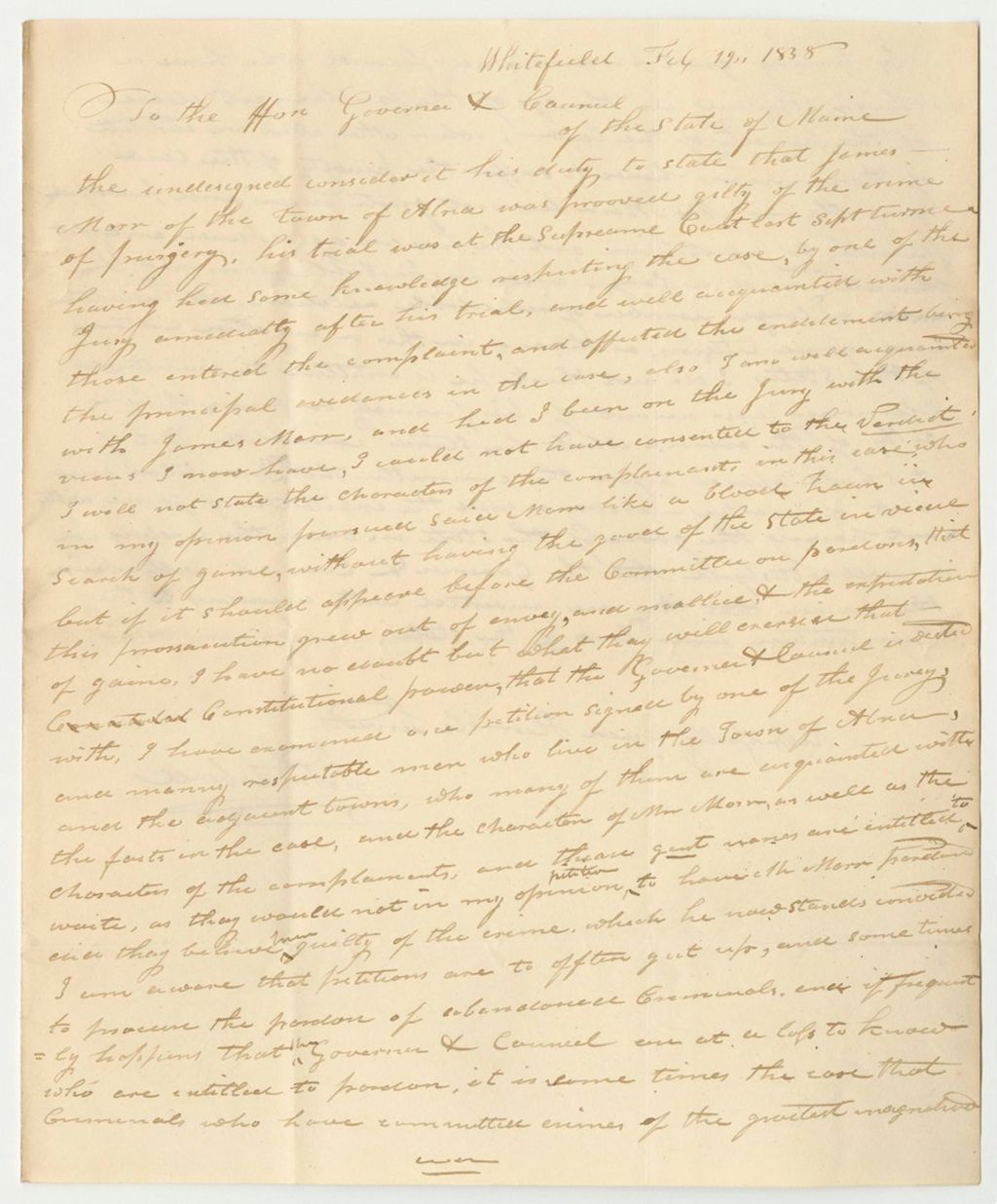 Miniature of Letter from Seth Laberee in Favor of the Pardon of James Marr