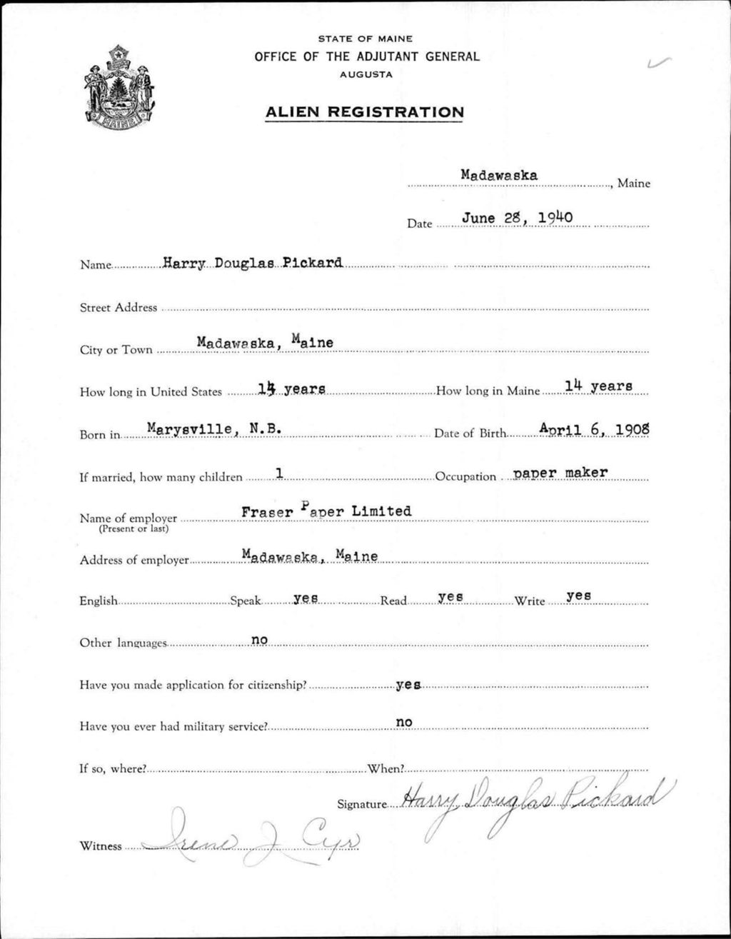 Miniature of Alien Registration- Pickard, Harry D. (Madawaska, Aroostook County)