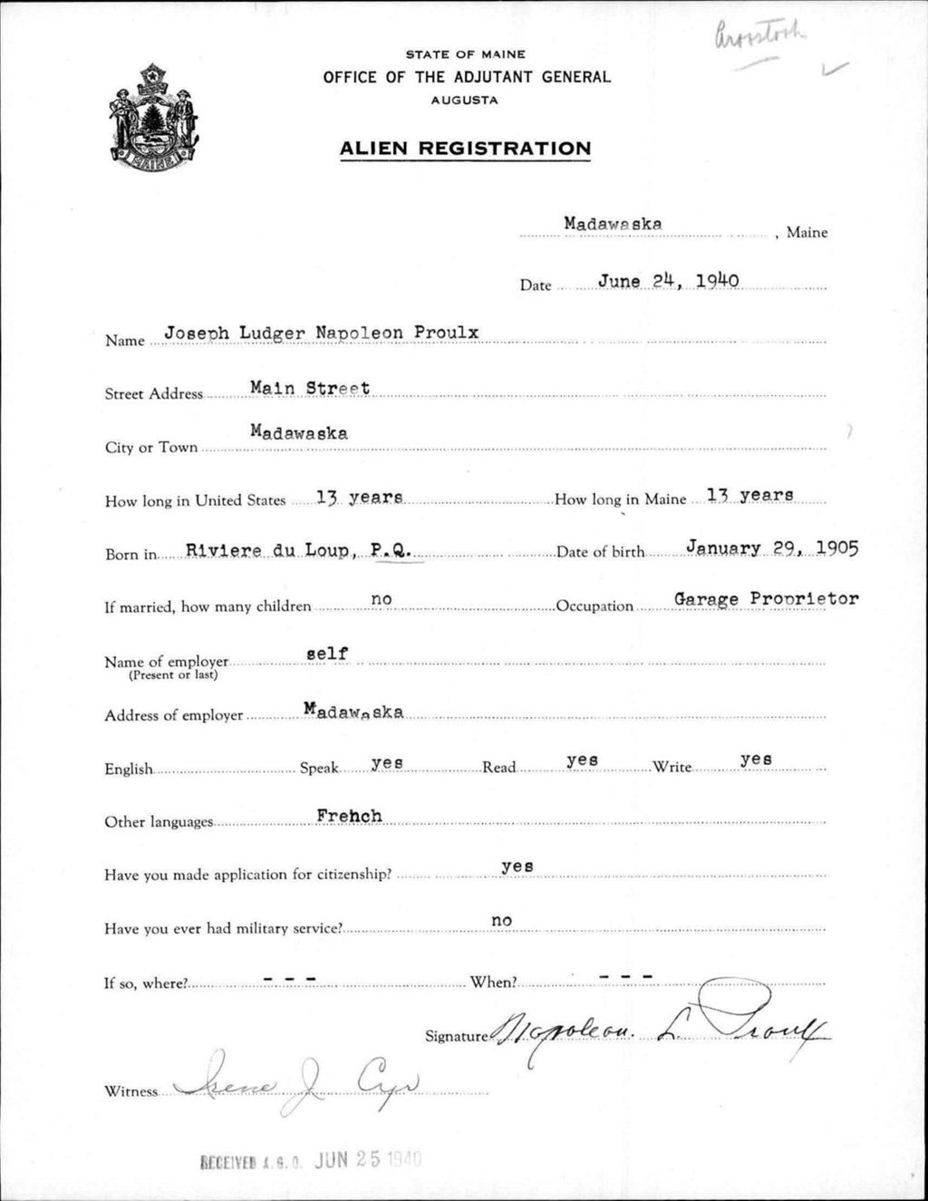 Miniature of Alien Registration- Proulx, Joseph Ludger N. (Madawaska, Aroostook County)