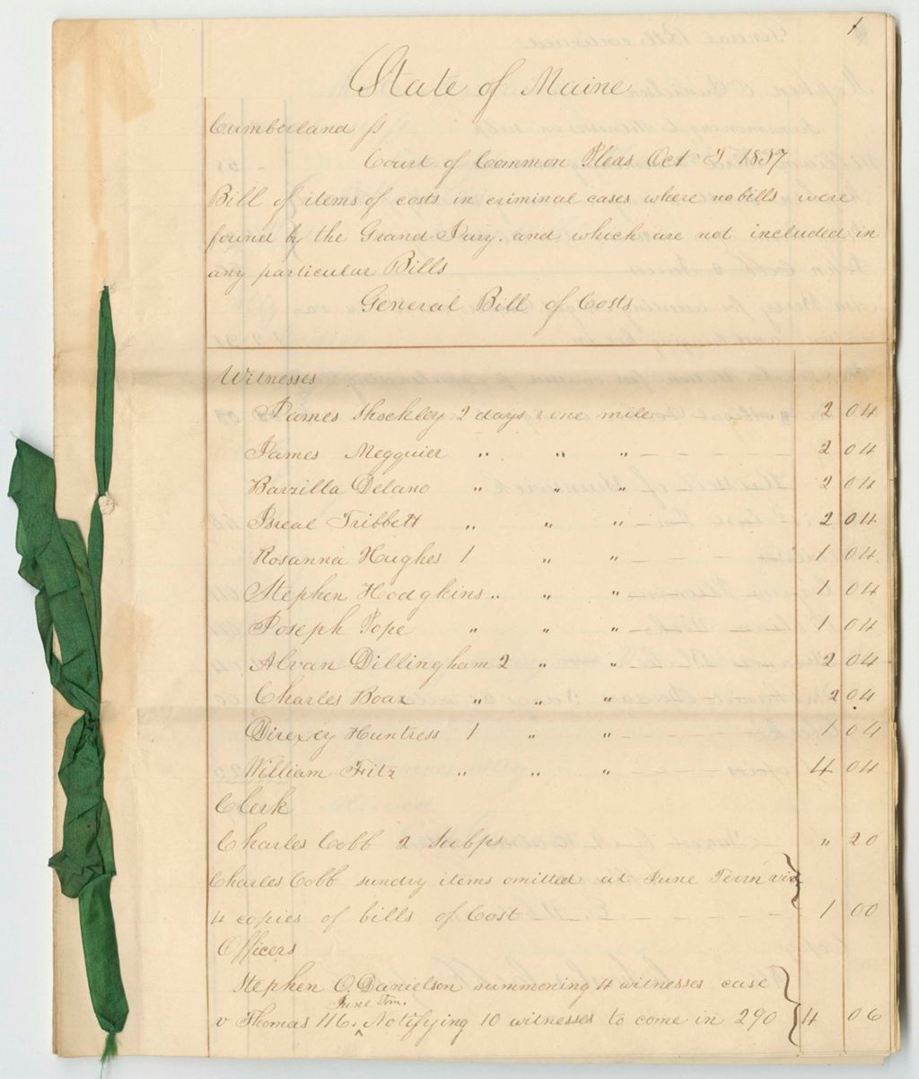 Miniature of Bills of Cost at the Court of Common Pleas in Cumberland County, October Term 1837