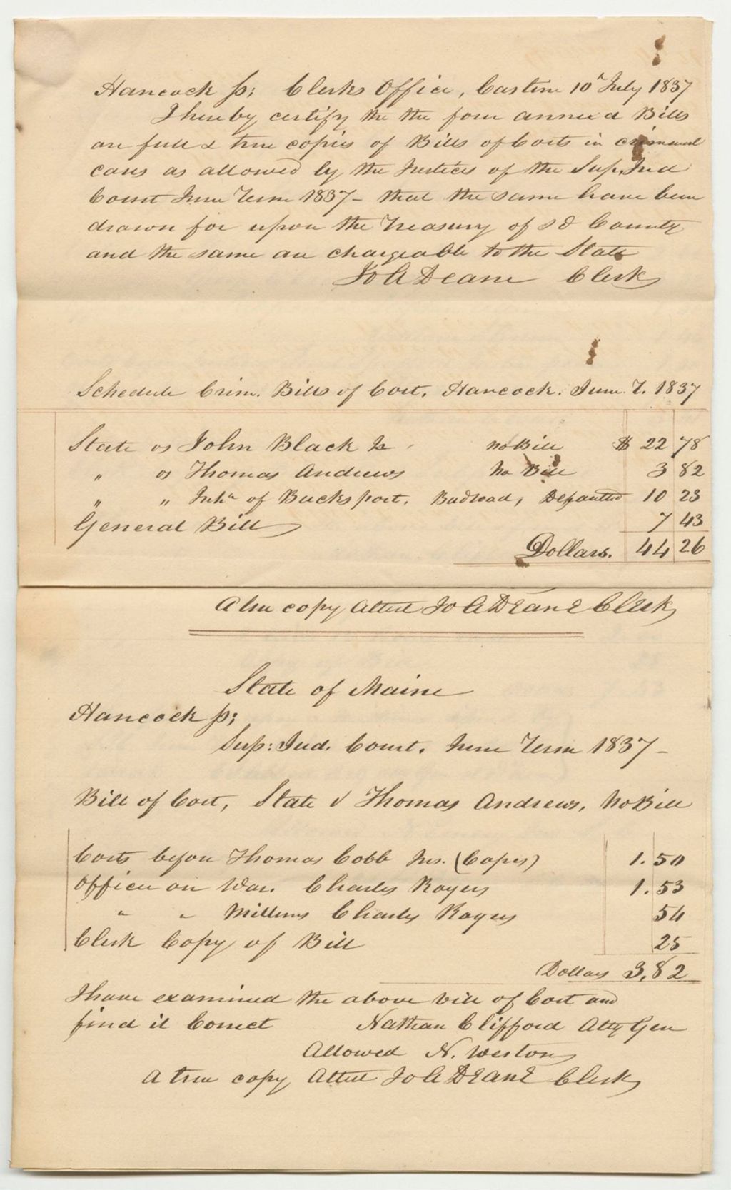 Miniature of Bills of Cost at the Supreme Judicial Court in Hancock County, June Term 1837