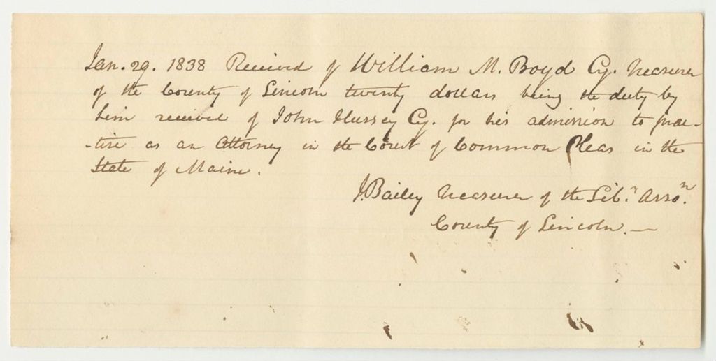 Miniature of Jeremiah Bailey's Receipt for John Hussey's Admission Fee to Practice Law at the Court of Common Pleas in Lincoln County