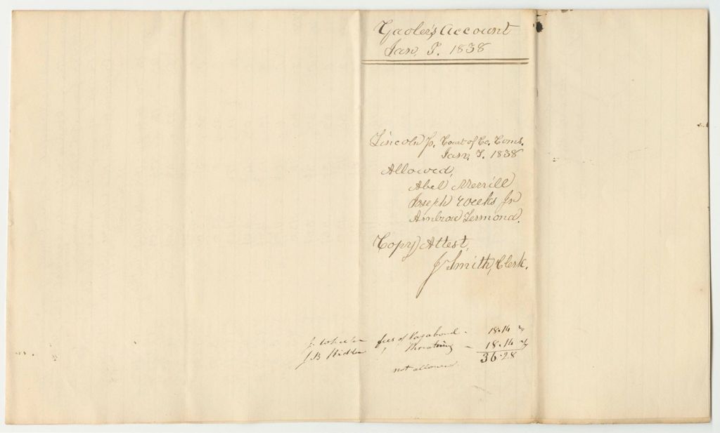 Miniature of Account of Samuel Holbrook, Keeper of the Prison in Wiscasset in the County of Lincoln, for the Support of Persons Therein Confined on Charges or Conviction of Crimes and Offences Against the State and Which By Law is Chargeable to the State from September 4th 1837 to January 8th 1838