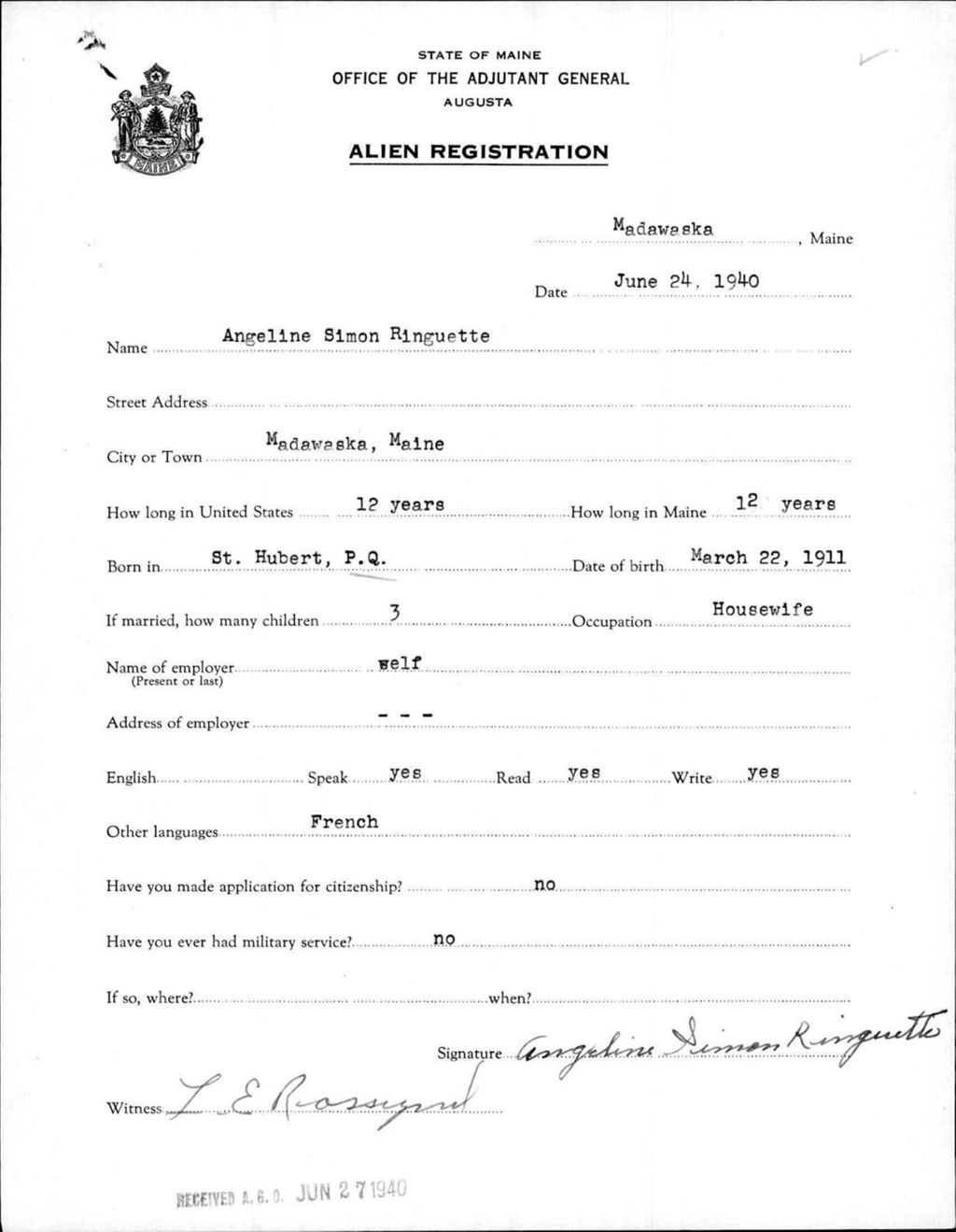Miniature of Alien Registration- Ringuette, Angeline S. (Madawaska, Aroostook County)