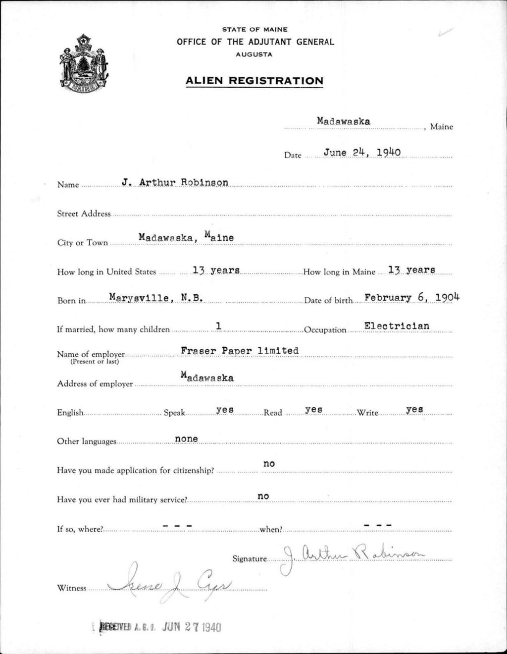 Miniature of Alien Registration- Robinson, J Arthur (Madawaska, Aroostook County)