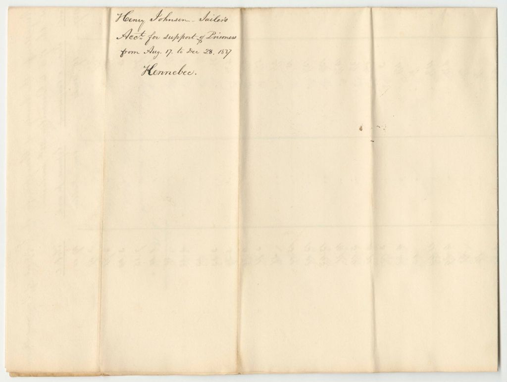 Miniature of Account of Henry Johnson, Keeper of the Prison in Augusta in the County of Kennebec, for the Support of Prisoners Therein Confined on Charges of Crimes or Offences Against the State from August 17th to December 28th 1837