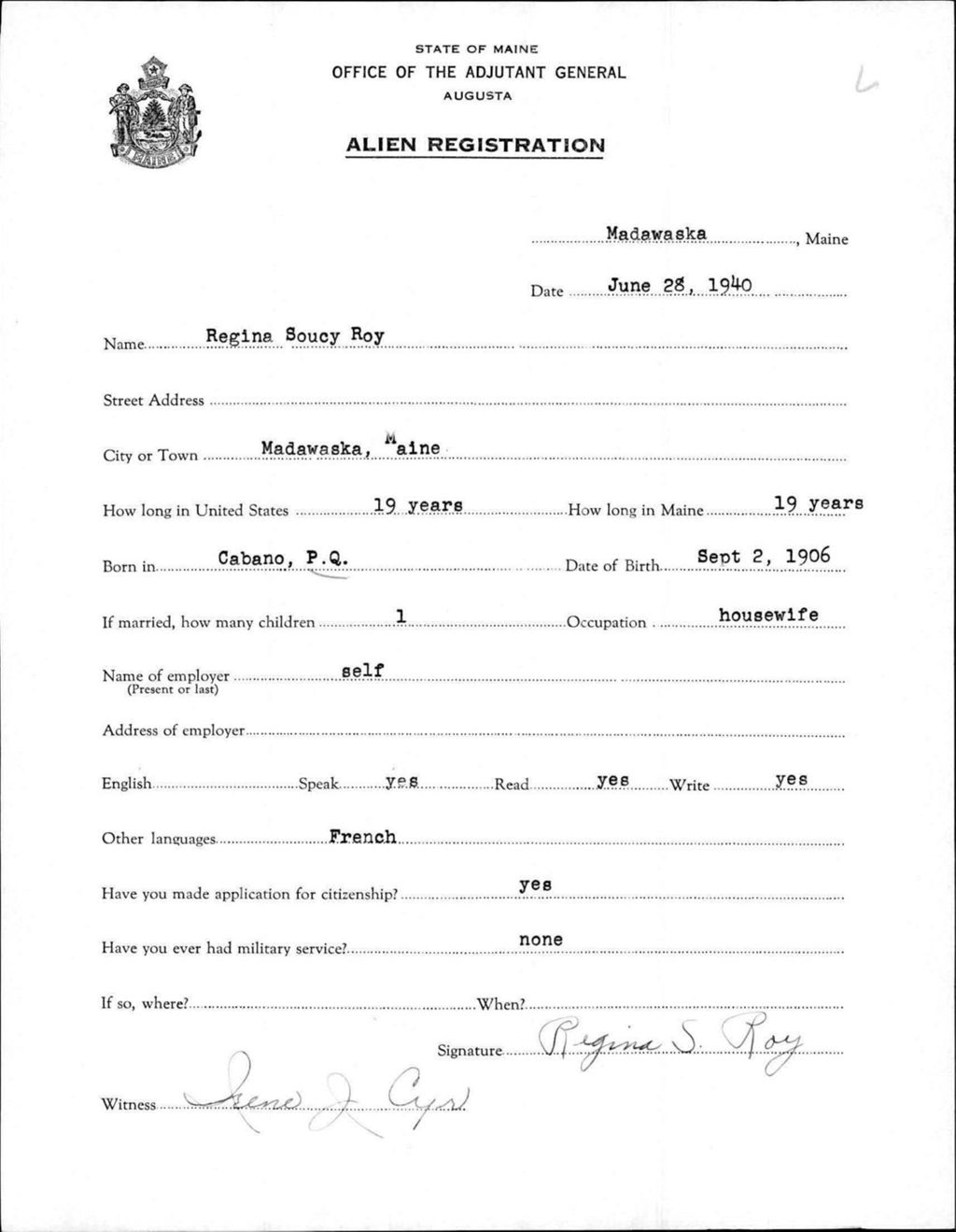 Miniature of Alien Registration- Soucy, Regina (Madawaska, Aroostook County)