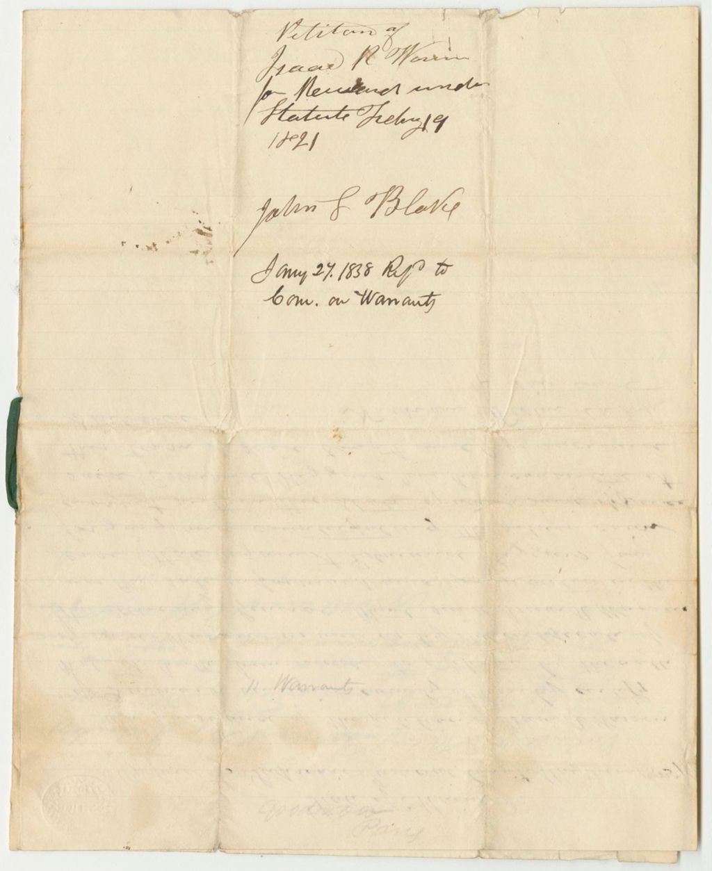 Miniature of Petition of Isaac R. Warren for Reward from the State
