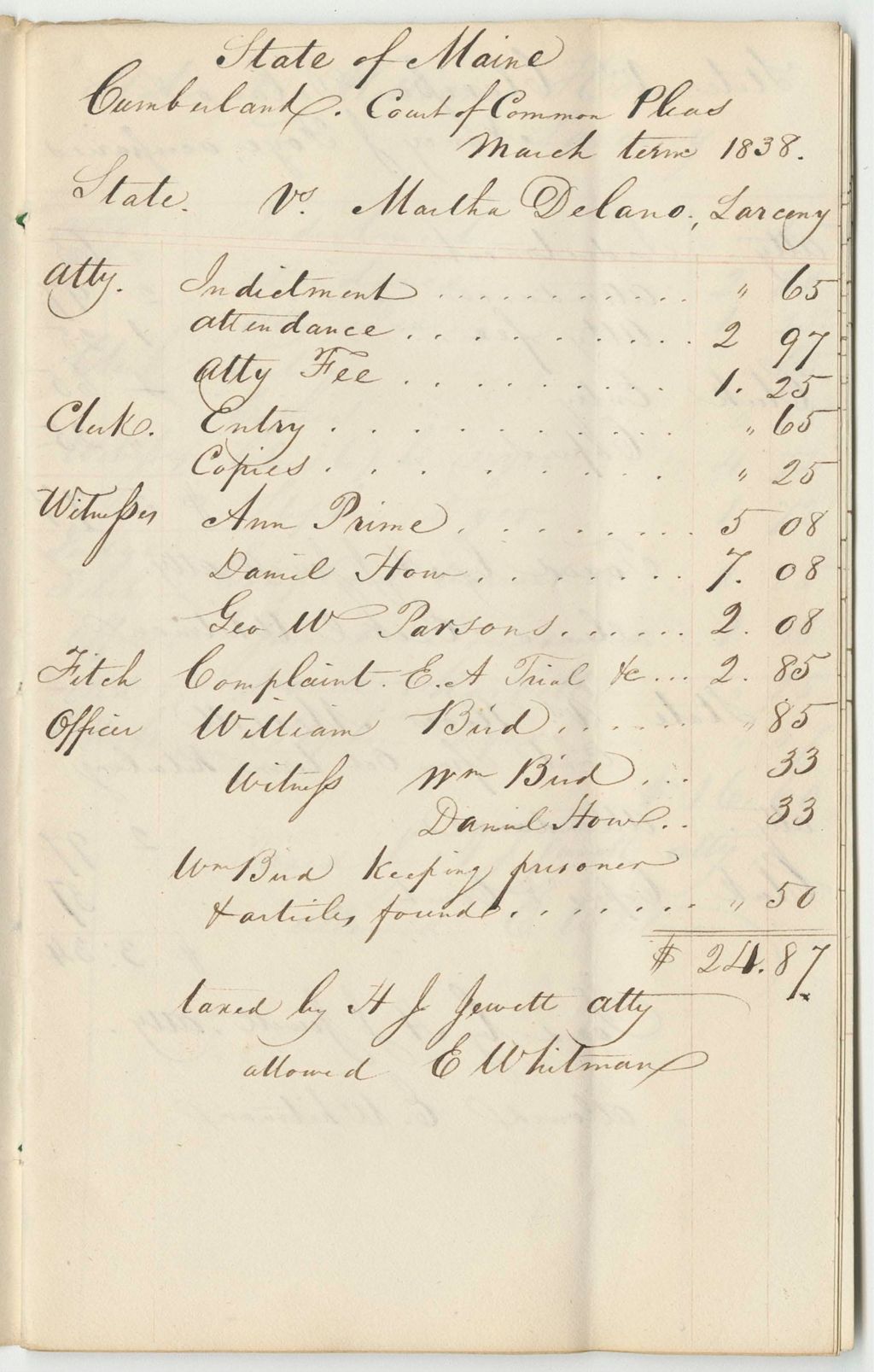 Miniature of Bills of Cost at the Court of Common Pleas in Cumberland County, March Term 1838