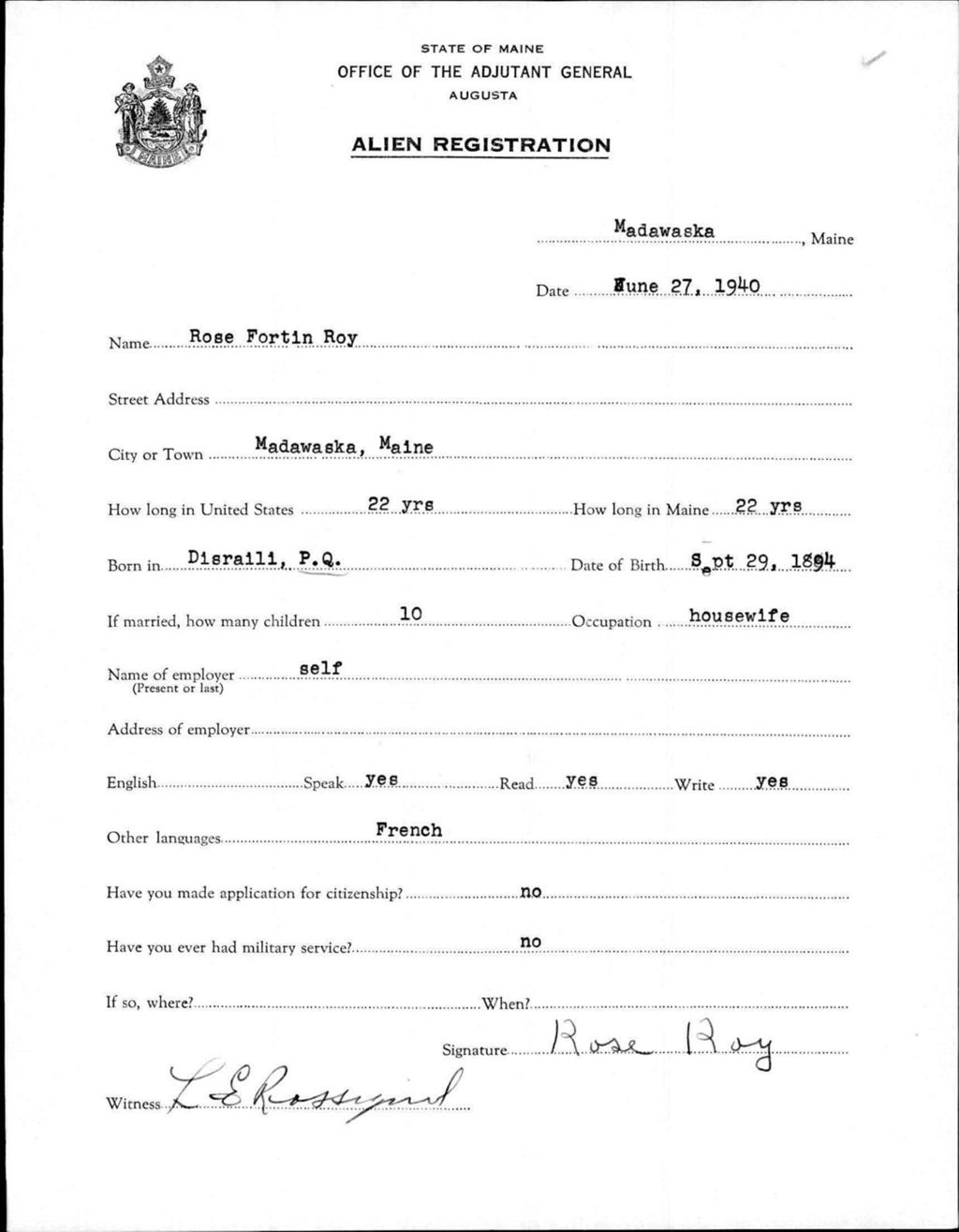 Miniature of Alien Registration- Fortin, Rose (Madawaska, Aroostook County)
