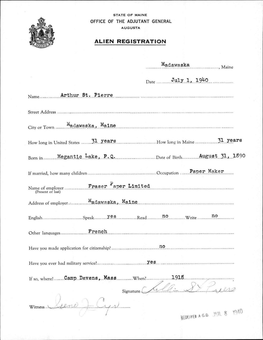 Miniature of Alien Registration- St Pierre, Arthur (Madawaska, Aroostook County)