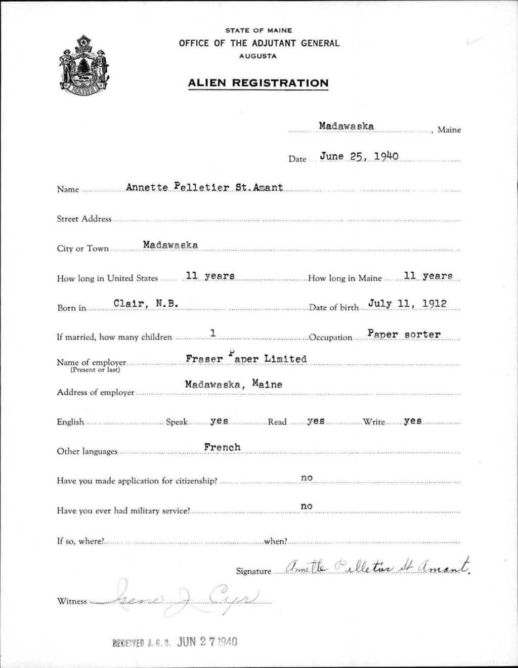 Miniature of Alien Registration- Pelletier, Annette (Madawaska, Aroostook County)