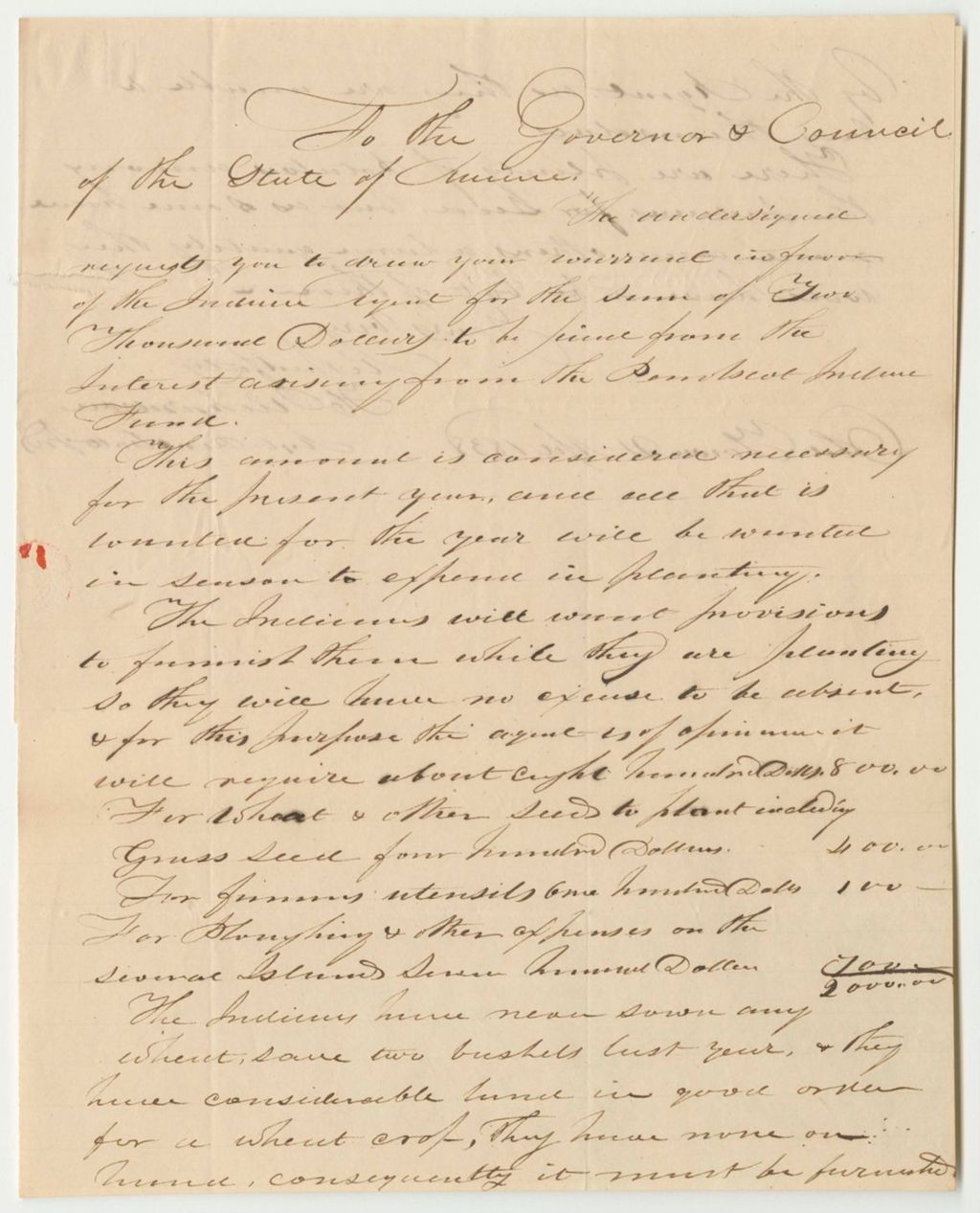 Miniature of Communication from Henry Richardson, Agent of the Penobscot Tribe of Indians, Requesting a Warrant in His Favor