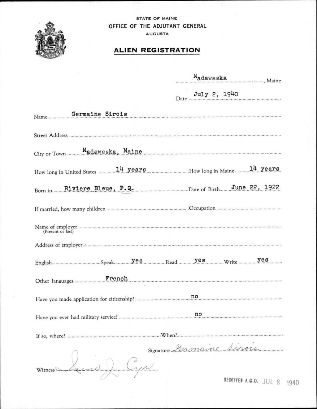 Miniature of Alien Registration- Sirois, Germaine (Madawaska, Aroostook County)