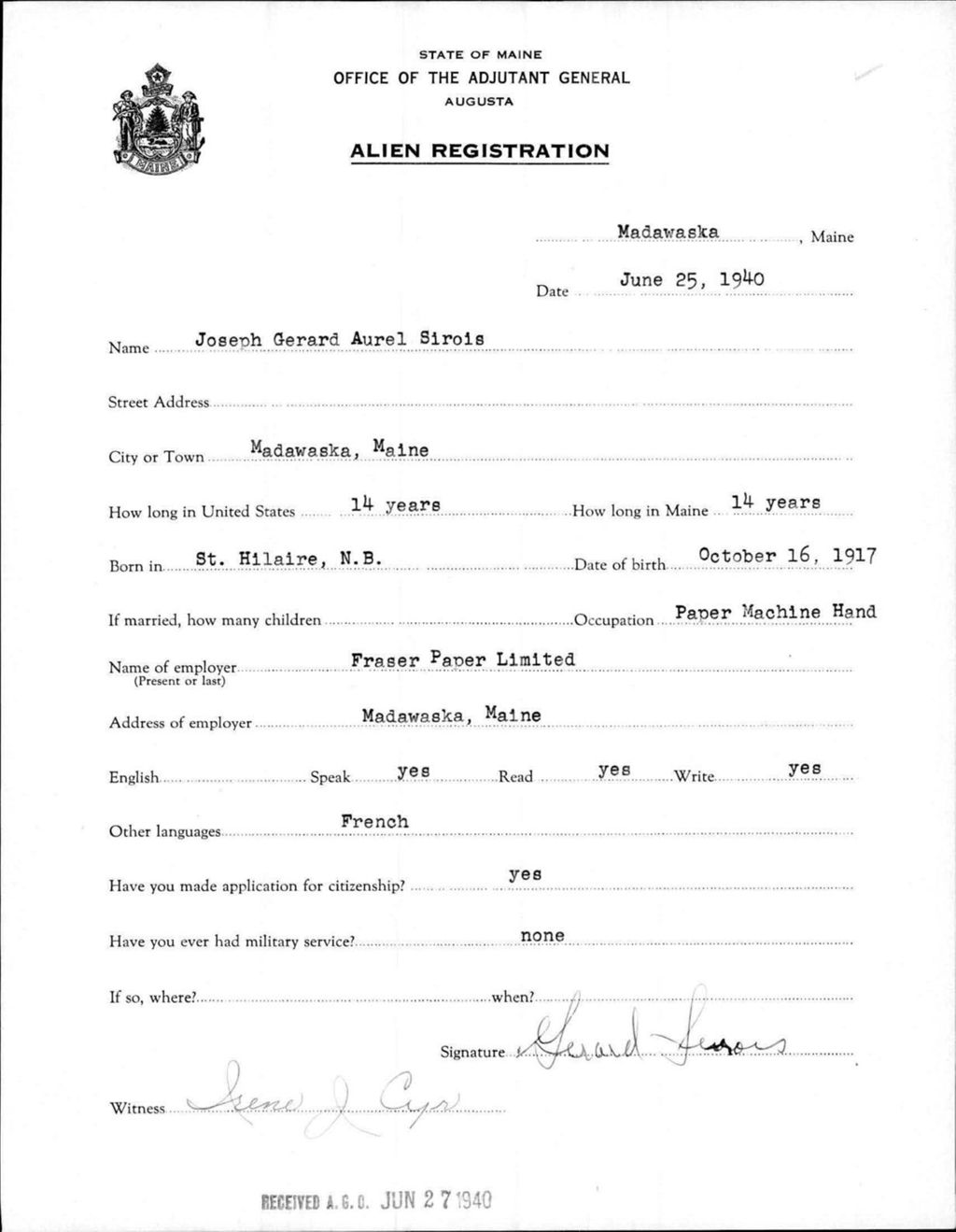Miniature of Alien Registration- Sirois, Joseph Gerard A. (Madawaska, Aroostook County)
