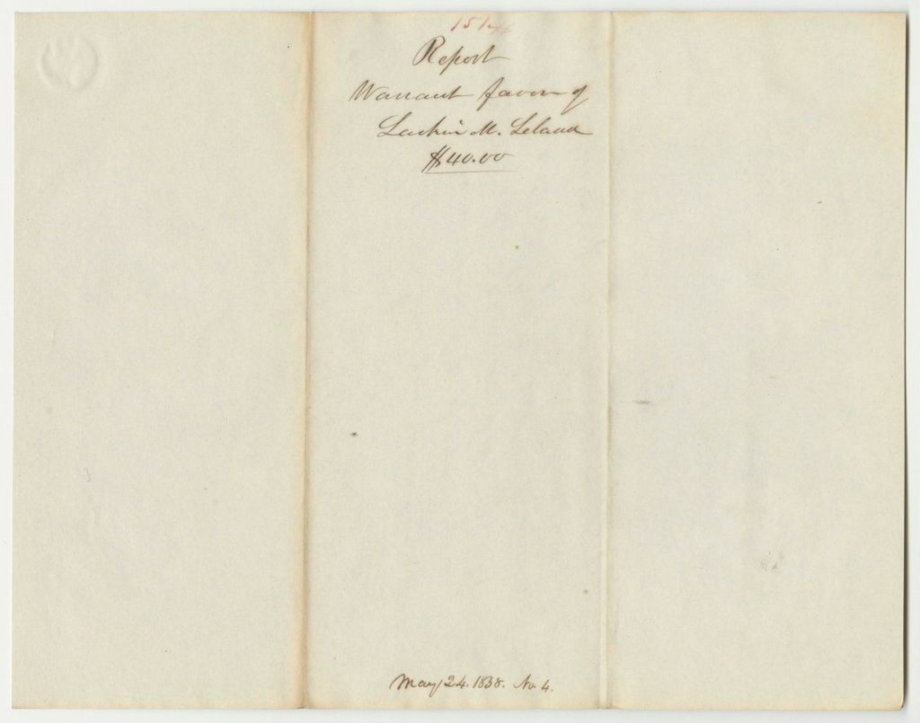 Miniature of Report 151: Warrant in Favor of Larkin M. Leland, for Informing on and Prosecuting Alpheus M. Meader for Possession of Counterfeit Coin