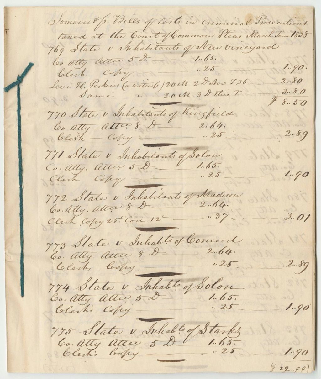Miniature of Transcript of Bills of Costs and General Bill of Costs Allowed at the Court of Common Pleas in Somerset County, March Term 1838