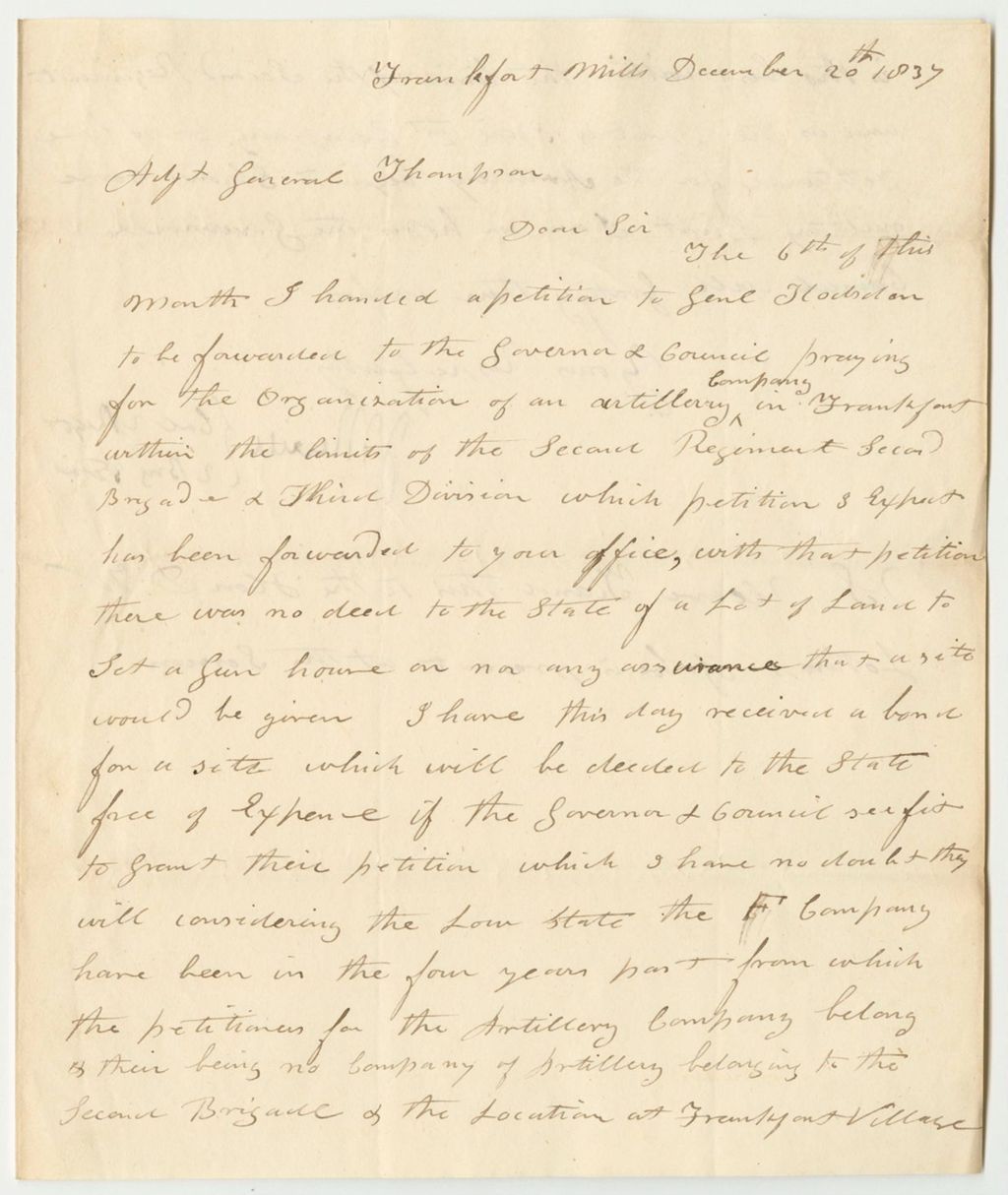 Miniature of Letter from J. Merrill Regarding the Petition for the Organization of an Artillery Company in Frankfurt