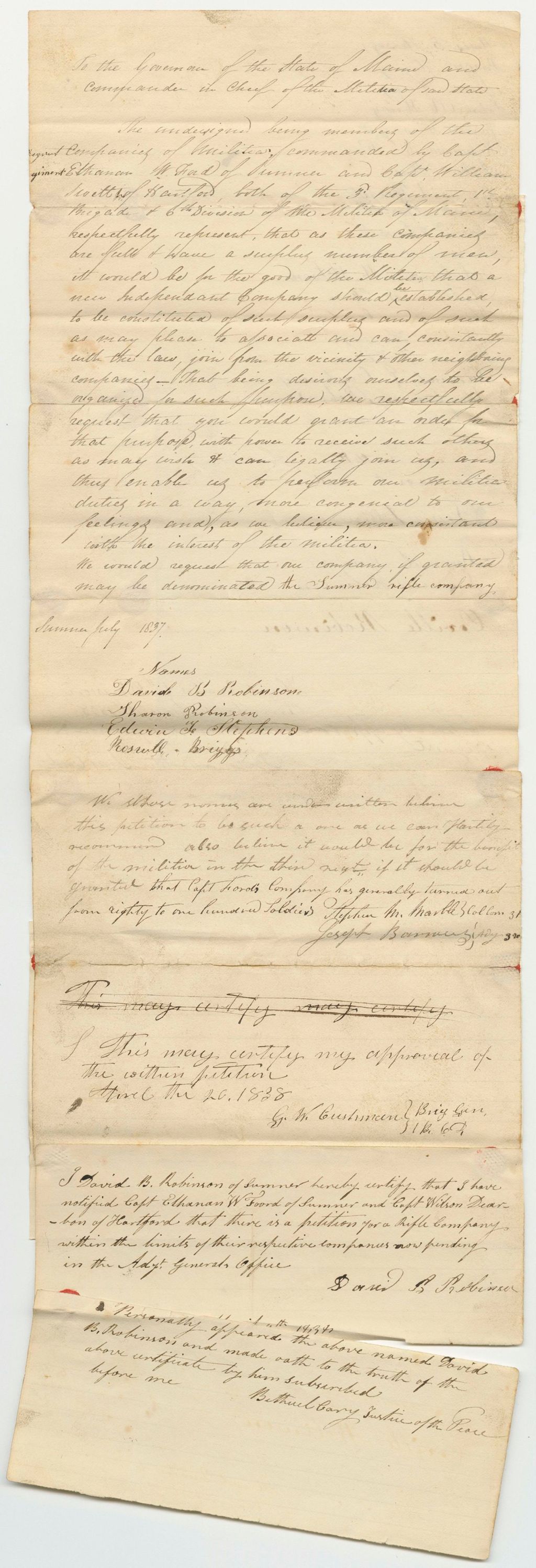 Miniature of Petition of David B. Robinson and Others for the Organization of a Company of Riflemen in Hartford and Sumner