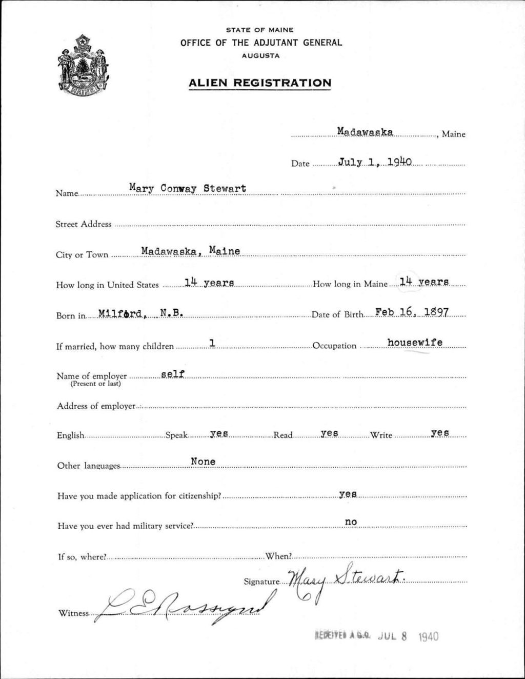 Miniature of Alien Registration- Conway, Mary (Madawaska, Aroostook County)