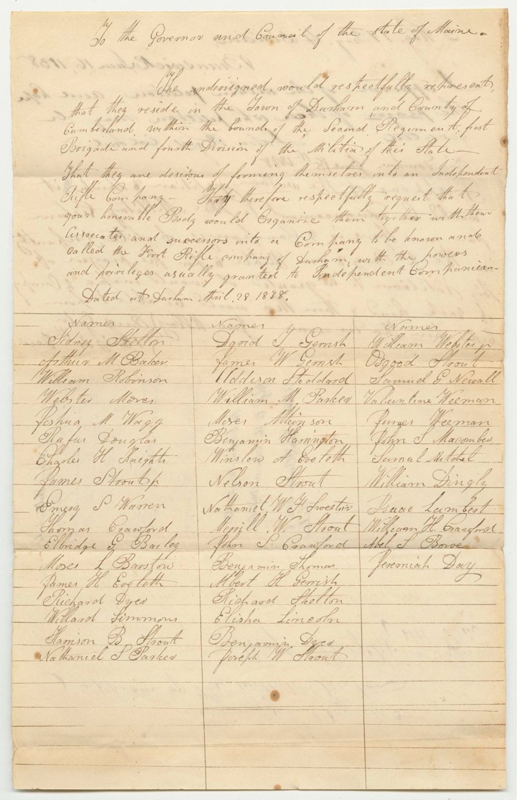Miniature of Petition of Sidney Shetton and Others for an Independent Rifle Company in Durham